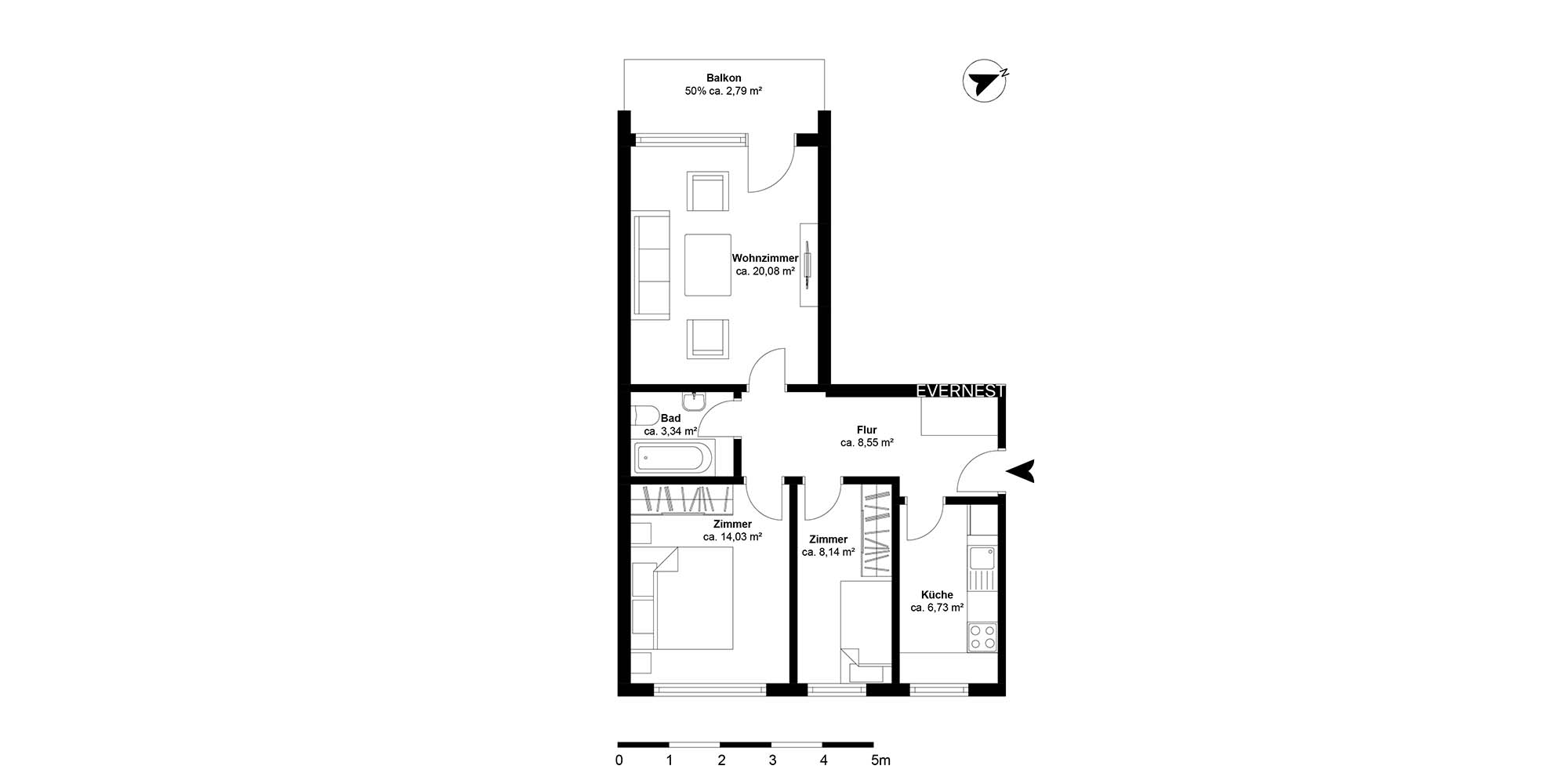 Grundriss einer Wohnung mit Wohnzimmer, Küche, Bad, zwei Zimmern, Flur und Balkon.