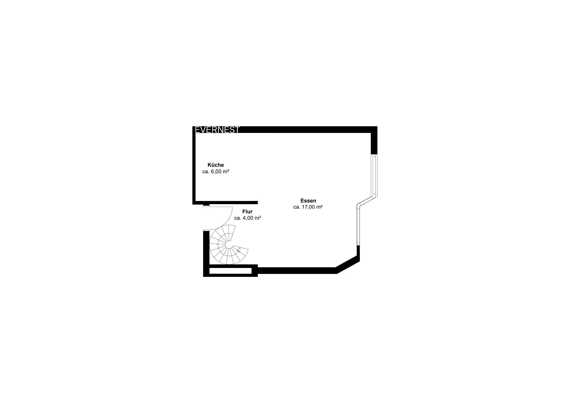 Grundriss mit Küche, Essbereich und Flur mit Wendeltreppe, Flächen sind angegeben.