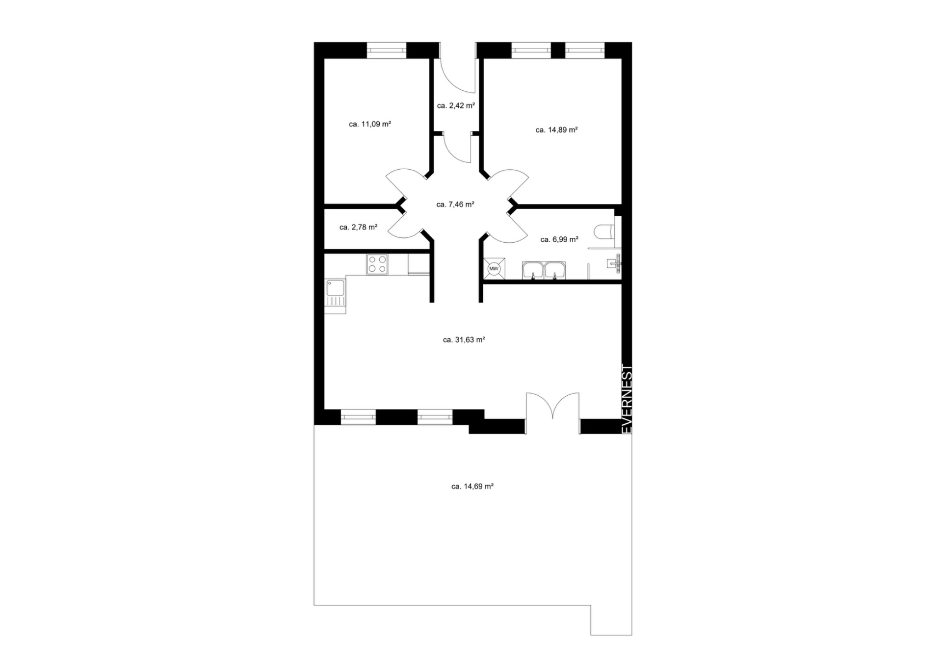 Schwarz-weißer Grundriss einer Wohnung mit mehreren Zimmern, Küche und Badezimmer.