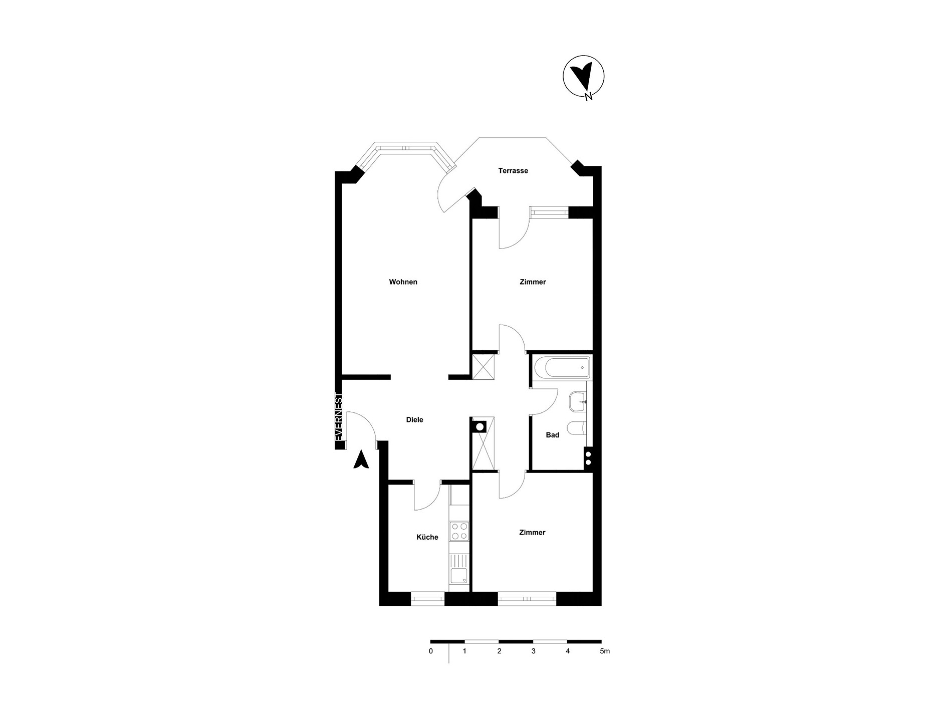 Grundriss einer Wohnung mit Wohnzimmer, zwei Zimmern, Küche, Bad, Diele und Terrasse.