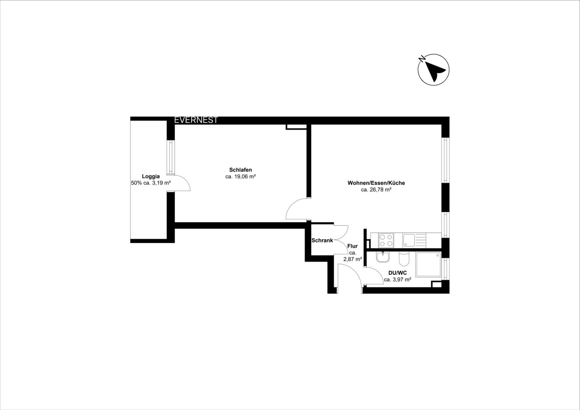 Grundriss einer Wohnung mit Schlafzimmer, Wohnbereich, Küche, Bad, Flur und Loggia.