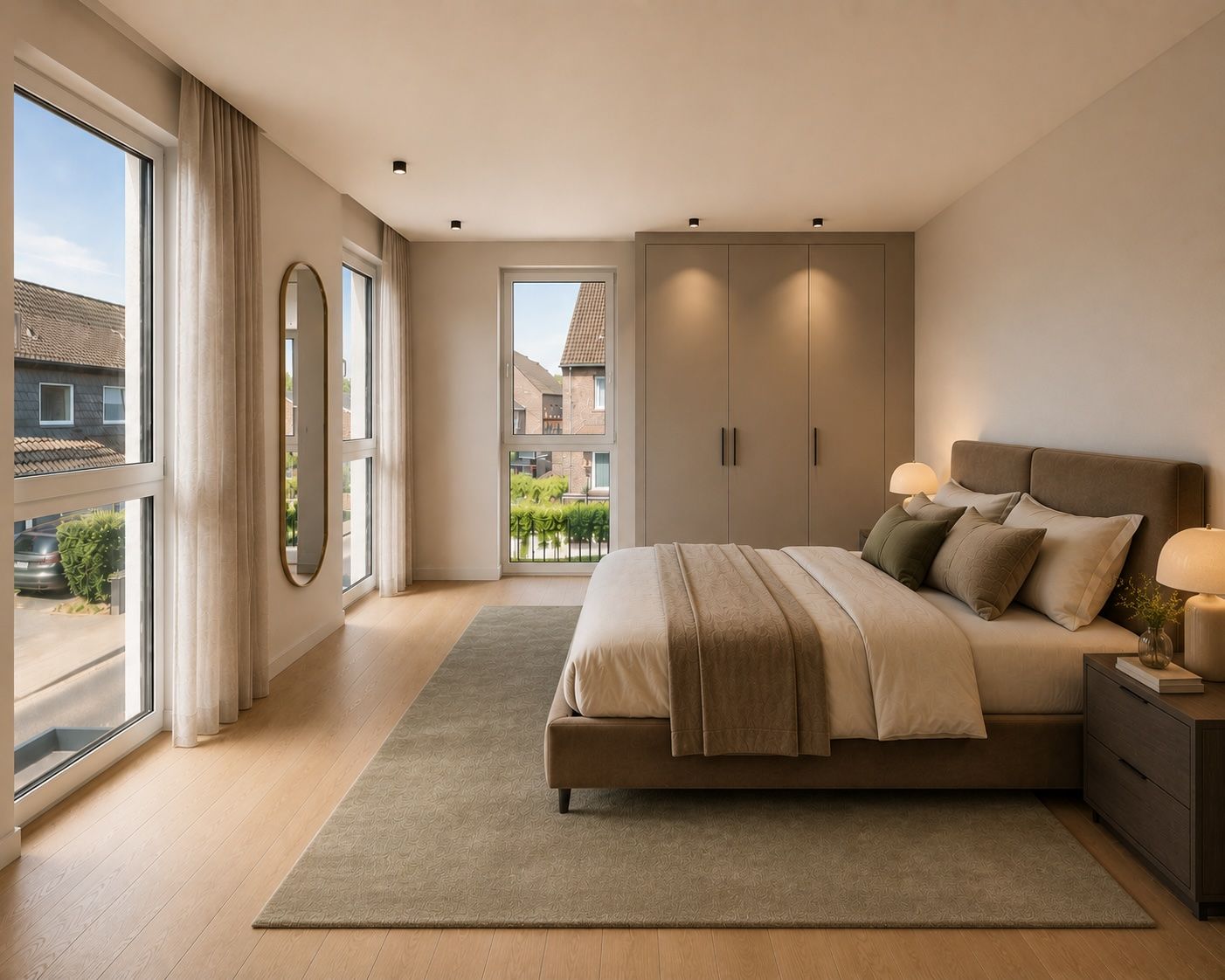 Modernes Schlafzimmer mit großem Bett, Kleiderschrank, Teppich und großen Fenstern.