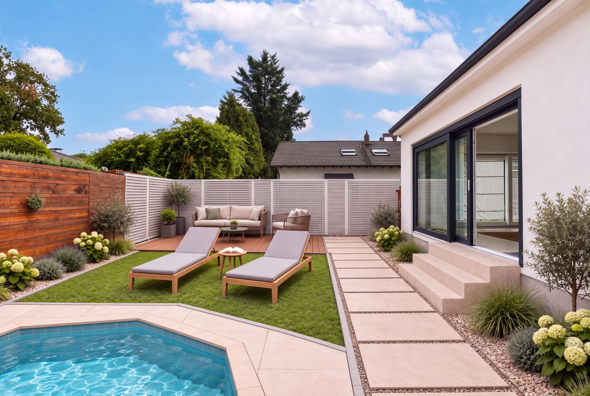 Moderner Garten mit Pool, Liegestühlen, Sitzgruppe und bepflanztem Rand an einem Wohnhaus.