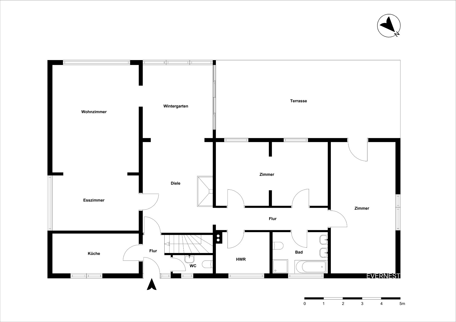 Grundriss eines Hauses mit Wohnzimmer, Küche, Esszimmer, drei Zimmern, Bad, WC und Terrasse.