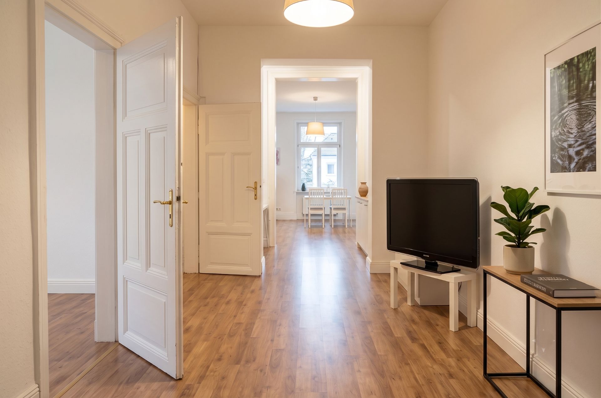 Heller Flur mit Holzfußboden, TV, Pflanze, weißen Türen und Blick auf Esszimmer mit Fenster.