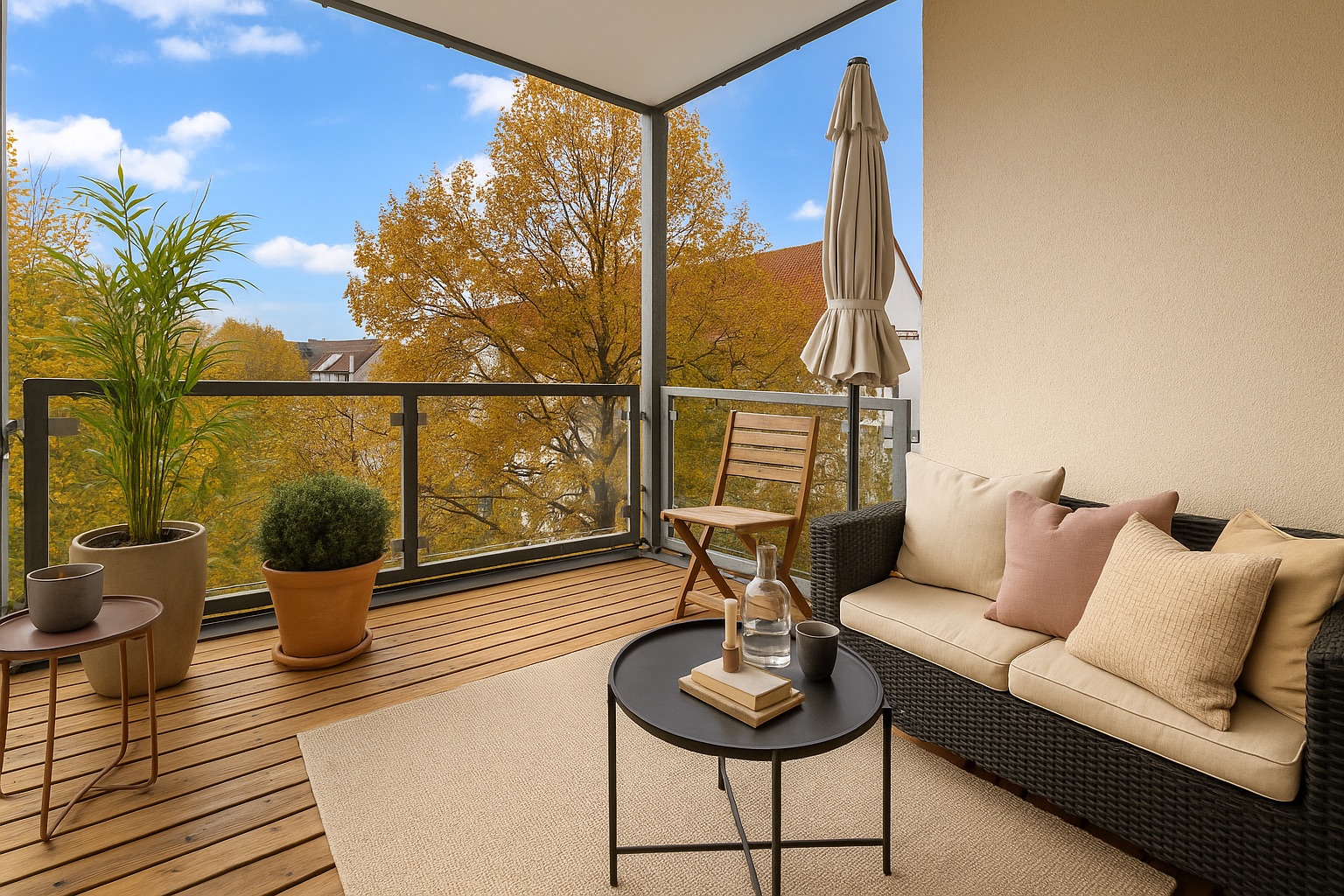 Gemütlich eingerichteter Balkon mit Sofa, Tisch, Pflanzen und Ausblick auf Bäume.