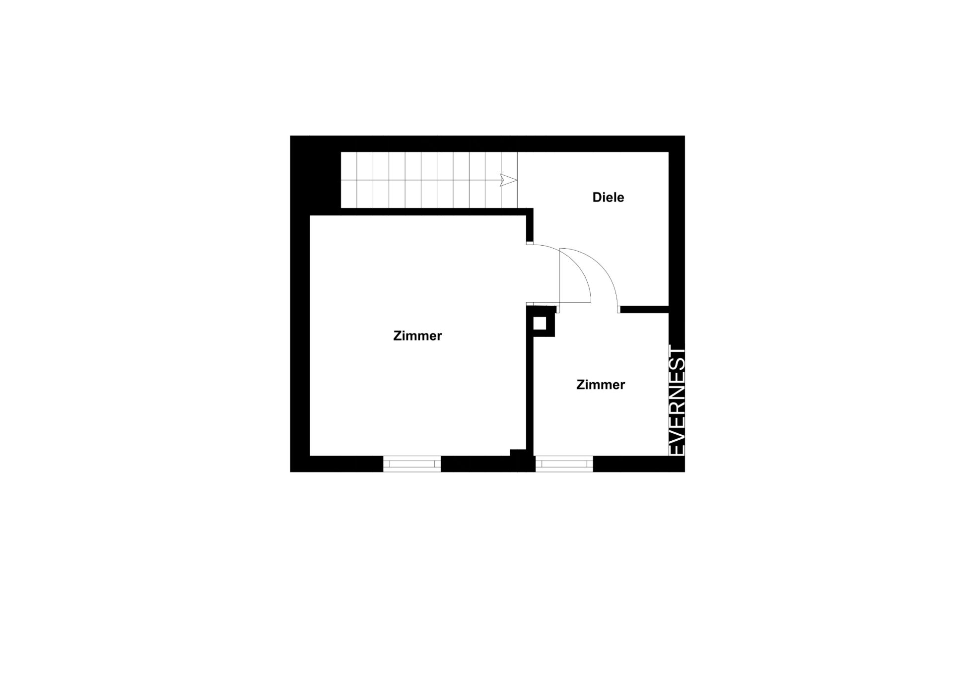 Grundriss mit Diele und zwei Zimmern, verbunden durch Türen.