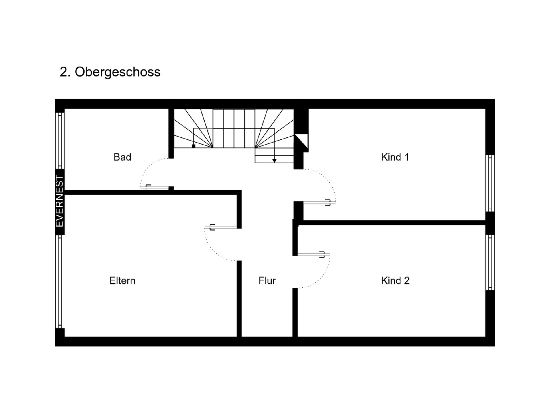 Grundriss des zweiten Obergeschosses mit Bad, Elternzimmer, zwei Kinderzimmern und Flur.