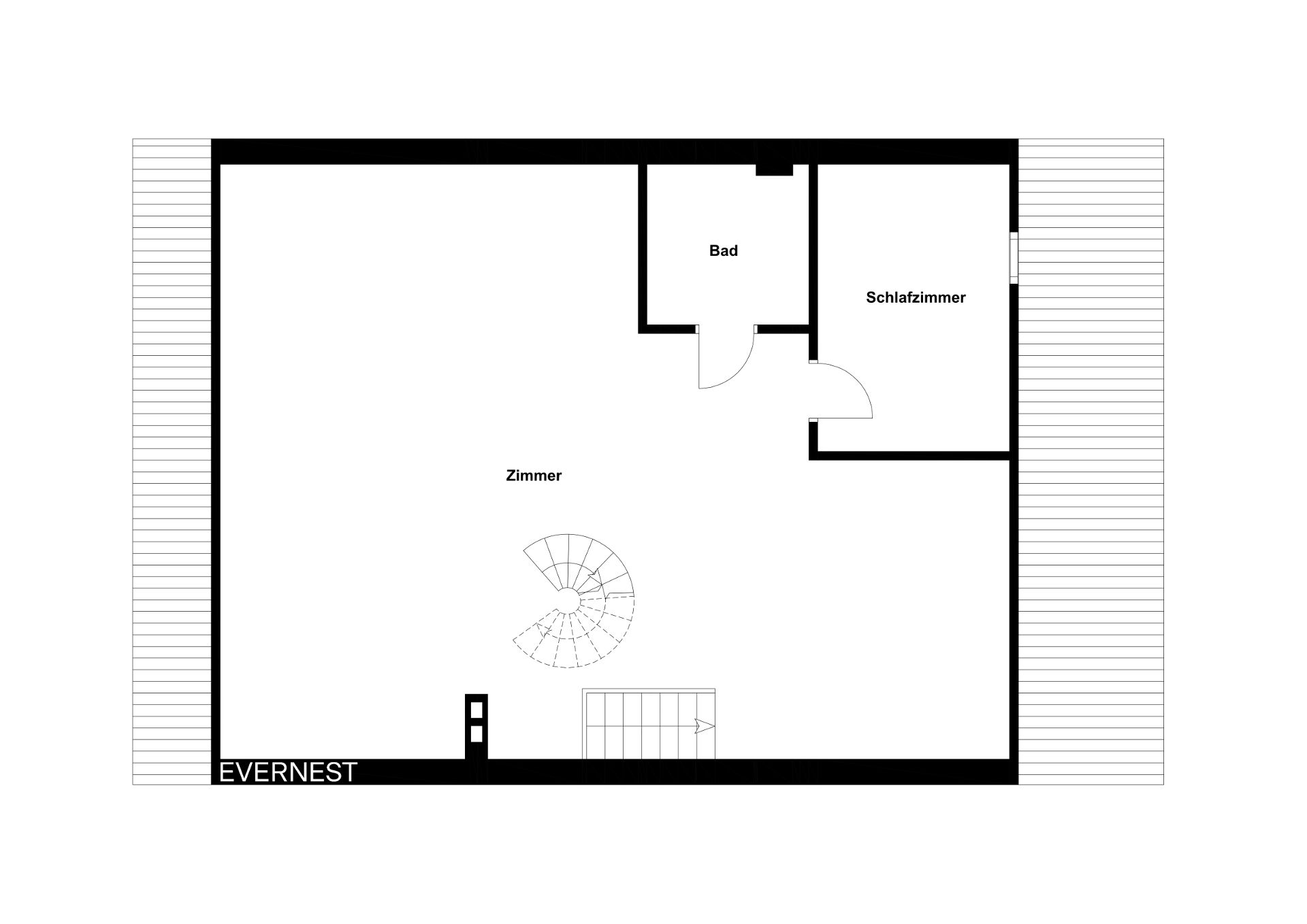 Grundriss mit Schlafzimmer, Bad und großem Zimmer. Wendeltreppe in der Mitte.