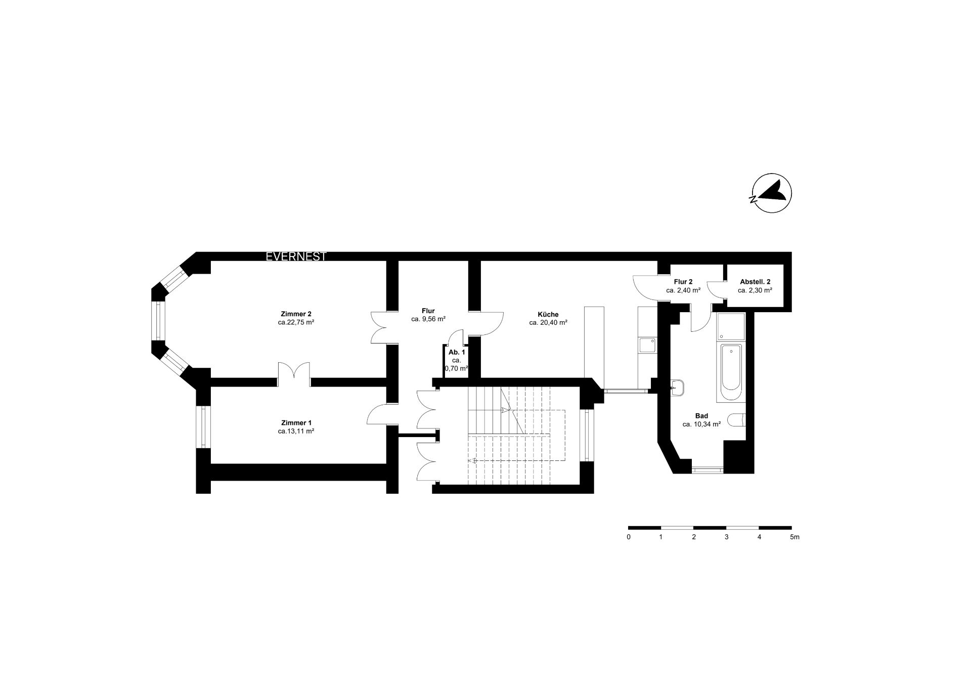 Grundriss einer Wohnung mit zwei Zimmern, Küche, Bad, Flur und Abstellräumen.