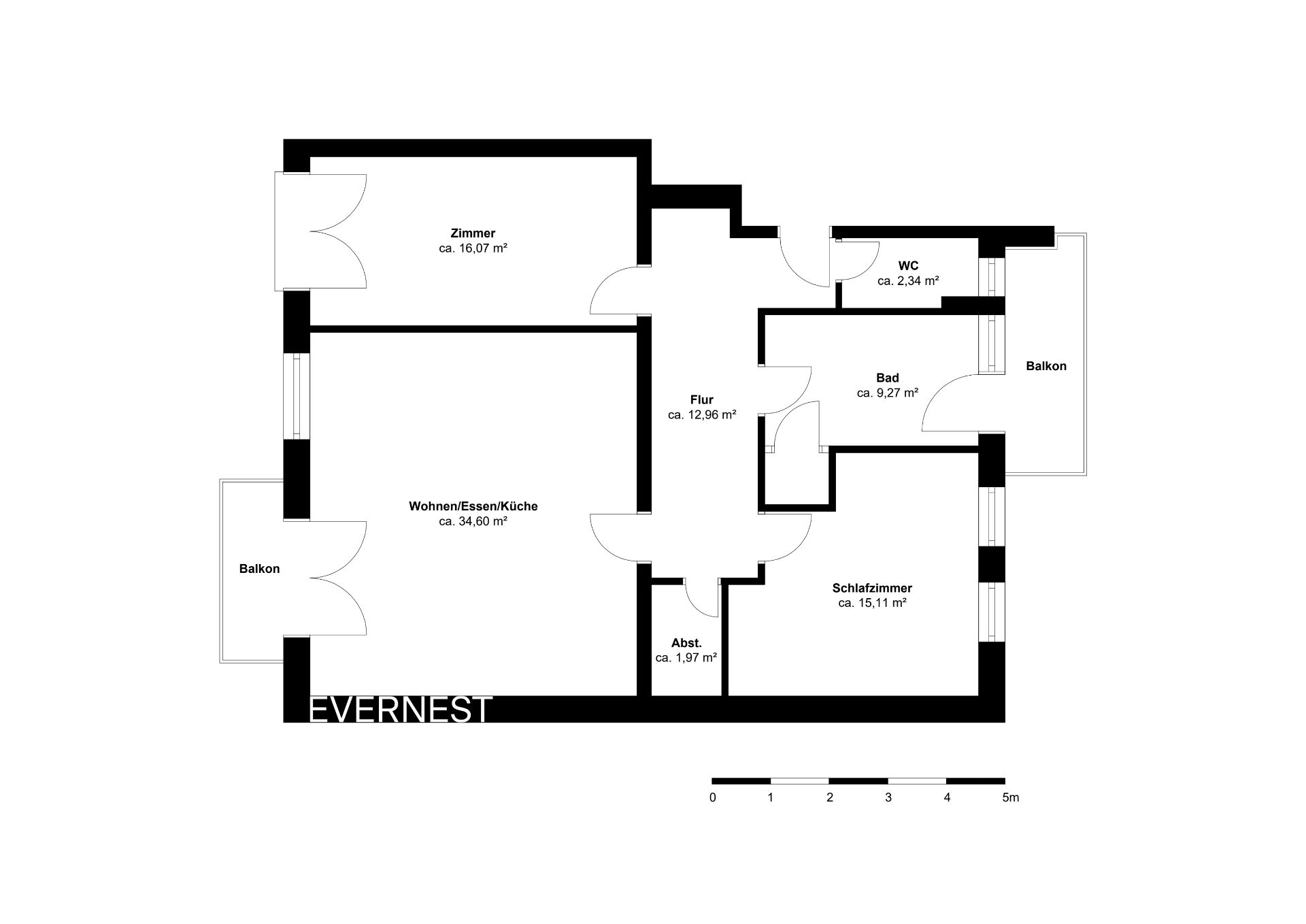 Grundriss einer Wohnung mit zwei Balkonen, Wohnzimmer, Schlafzimmer, Bad, WC, Flur und Abstellraum.