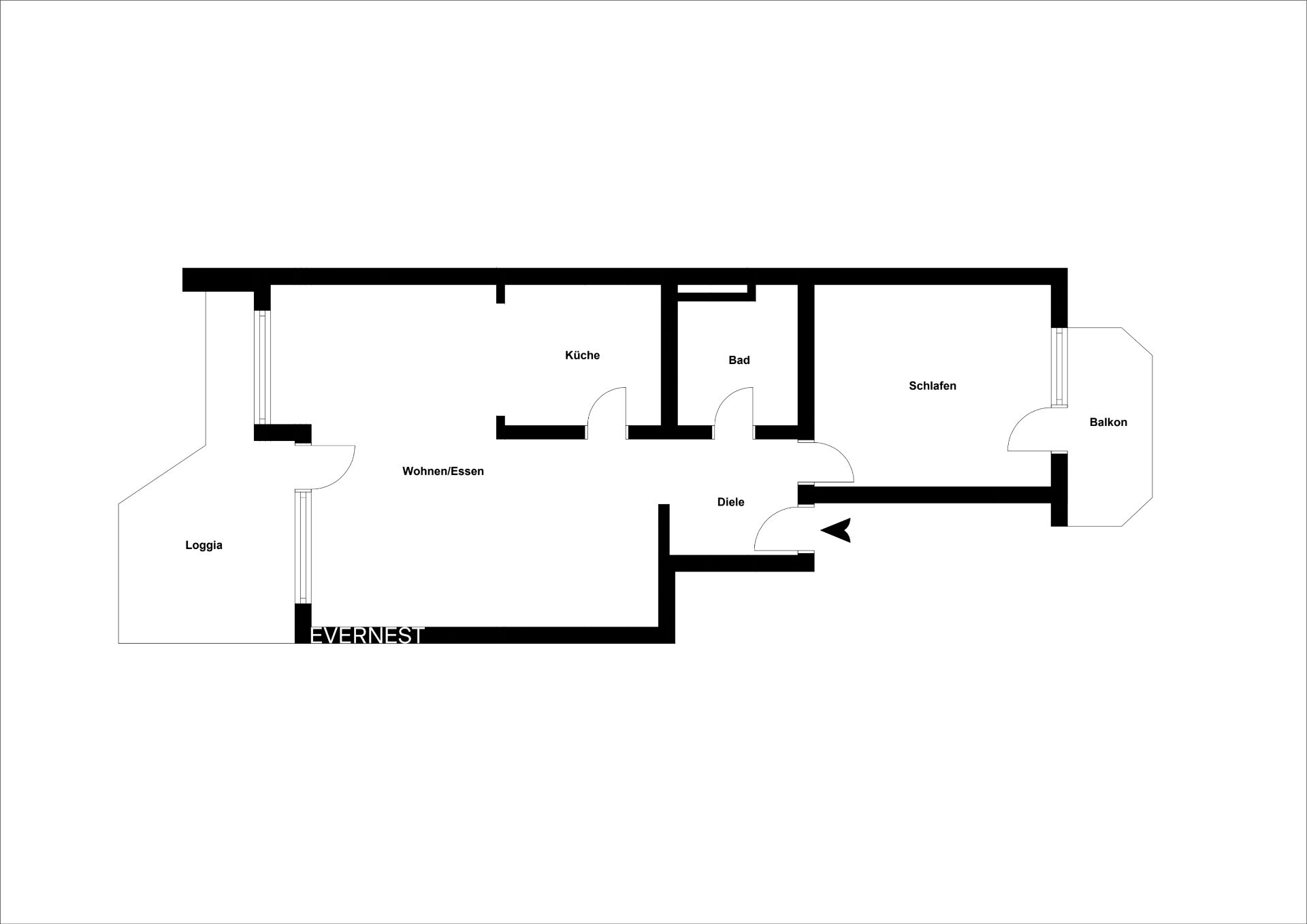 Grundriss einer Wohnung mit Loggia, Wohn-/Esszimmer, Küche, Bad, Schlafzimmer und Balkon.