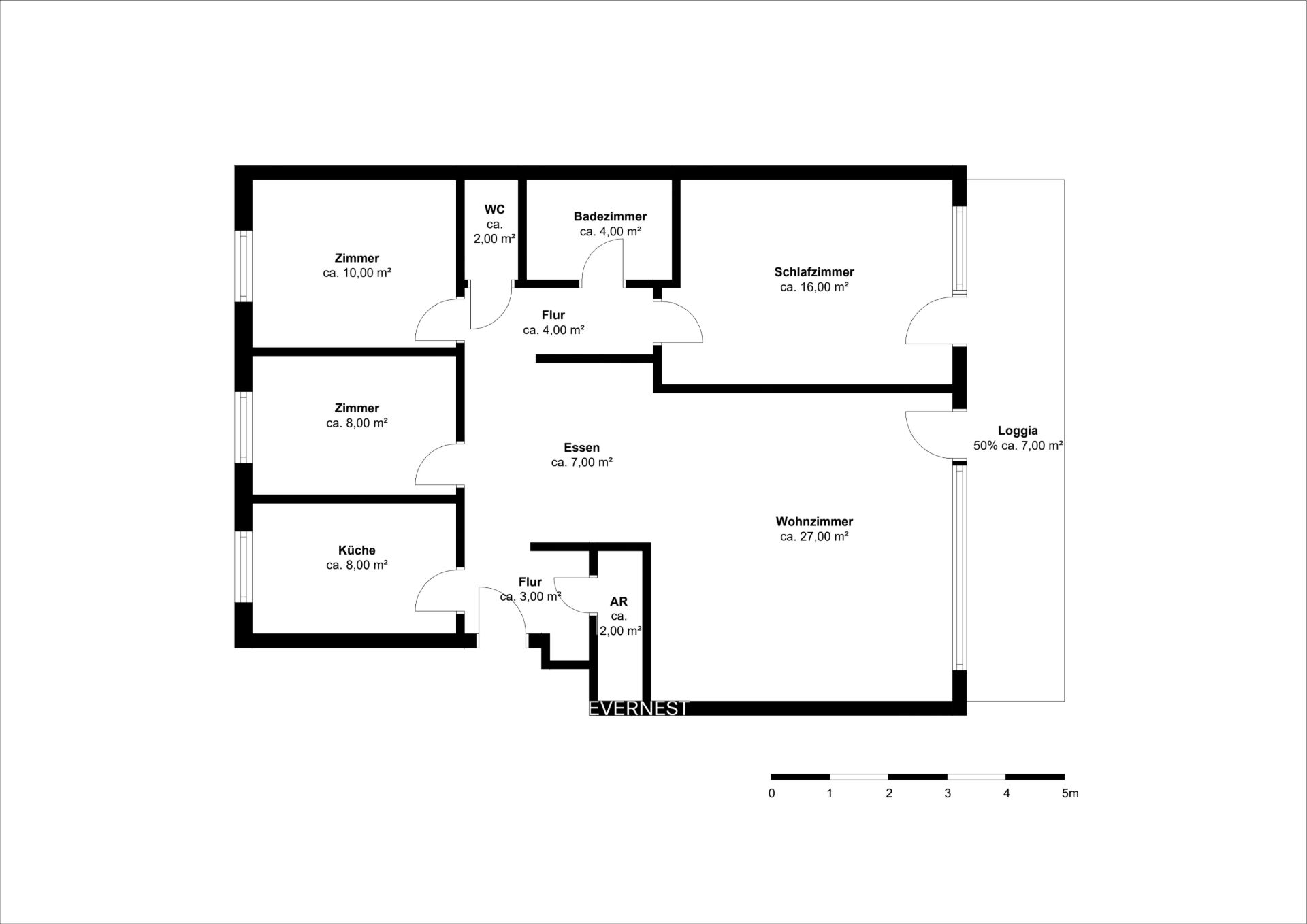 Grundriss einer Wohnung mit Wohnzimmer, Schlafzimmer, Küche, zwei Zimmern, Bad, WC und Loggia.