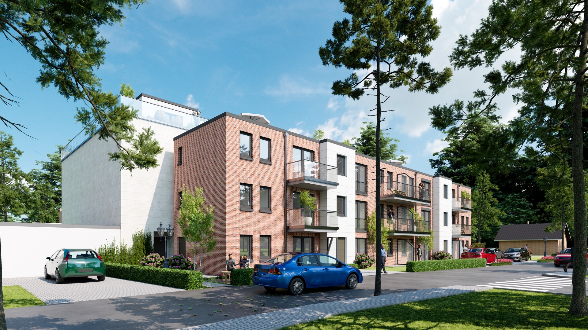 Modernes Mehrfamilienhaus mit Balkonen, davor geparkte Autos und Bäume.