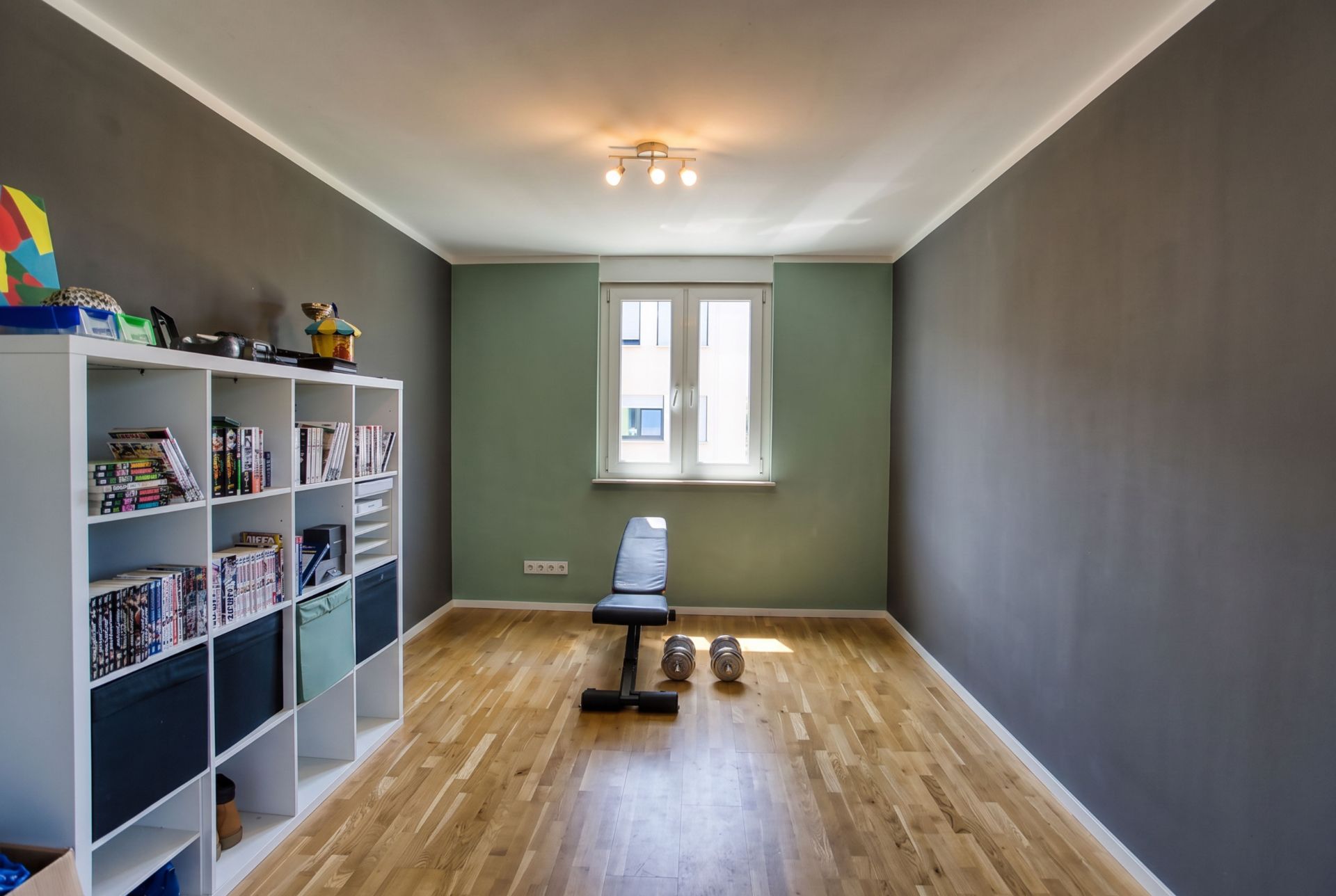 Helles Zimmer mit Holzboden, Regal, Hantelbank und zwei Kurzhanteln vor dem Fenster.
