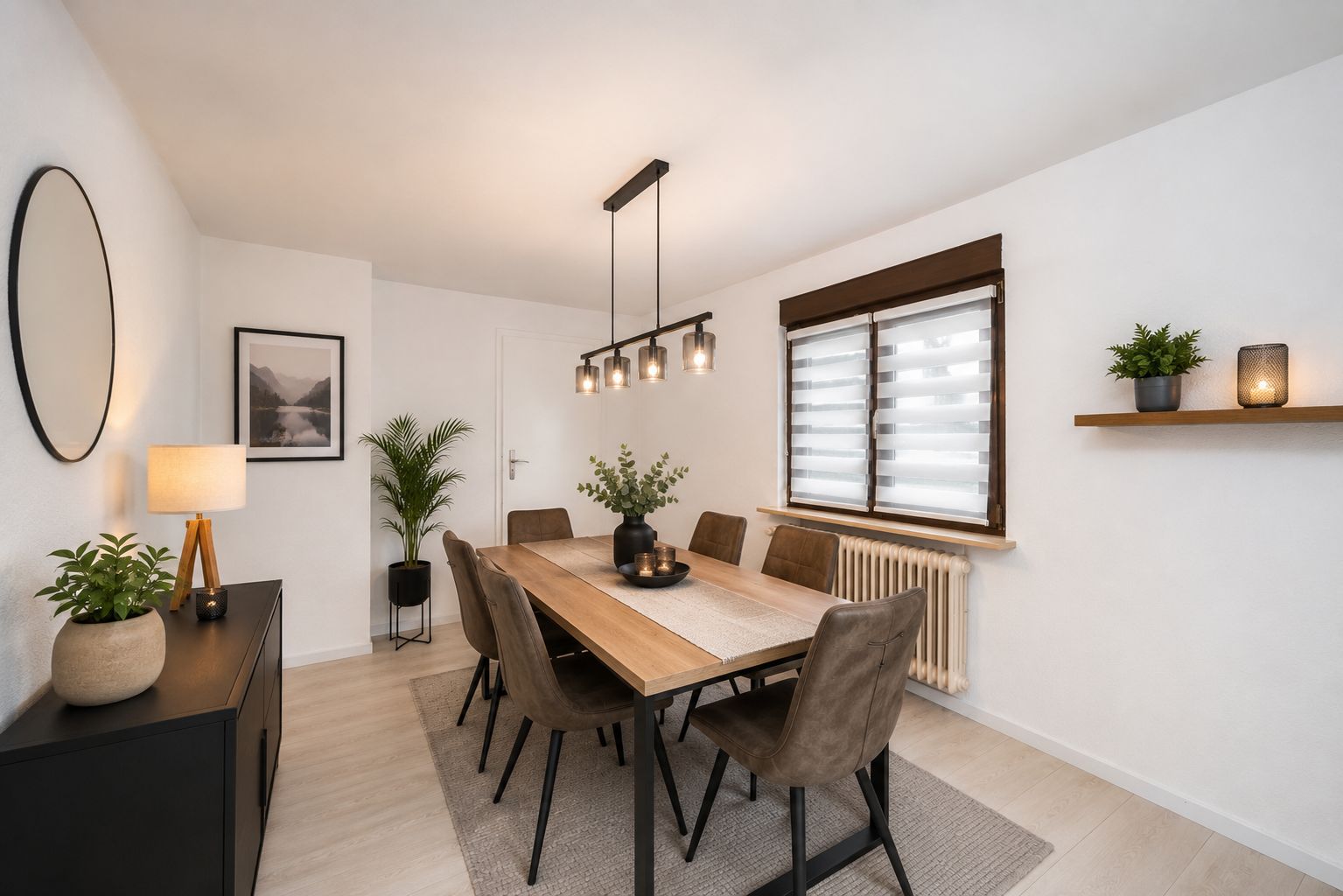 Modernes Esszimmer mit Holztisch, sechs Stühlen, Pflanzen und großem Fenster.