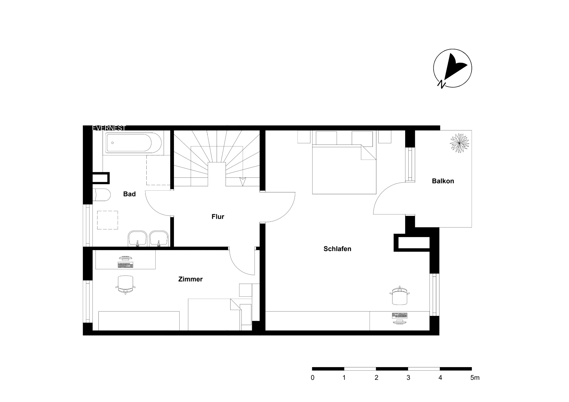 Grundriss zeigt Flur, Bad, Zimmer, Schlafzimmer und Balkon in einer Wohnung.