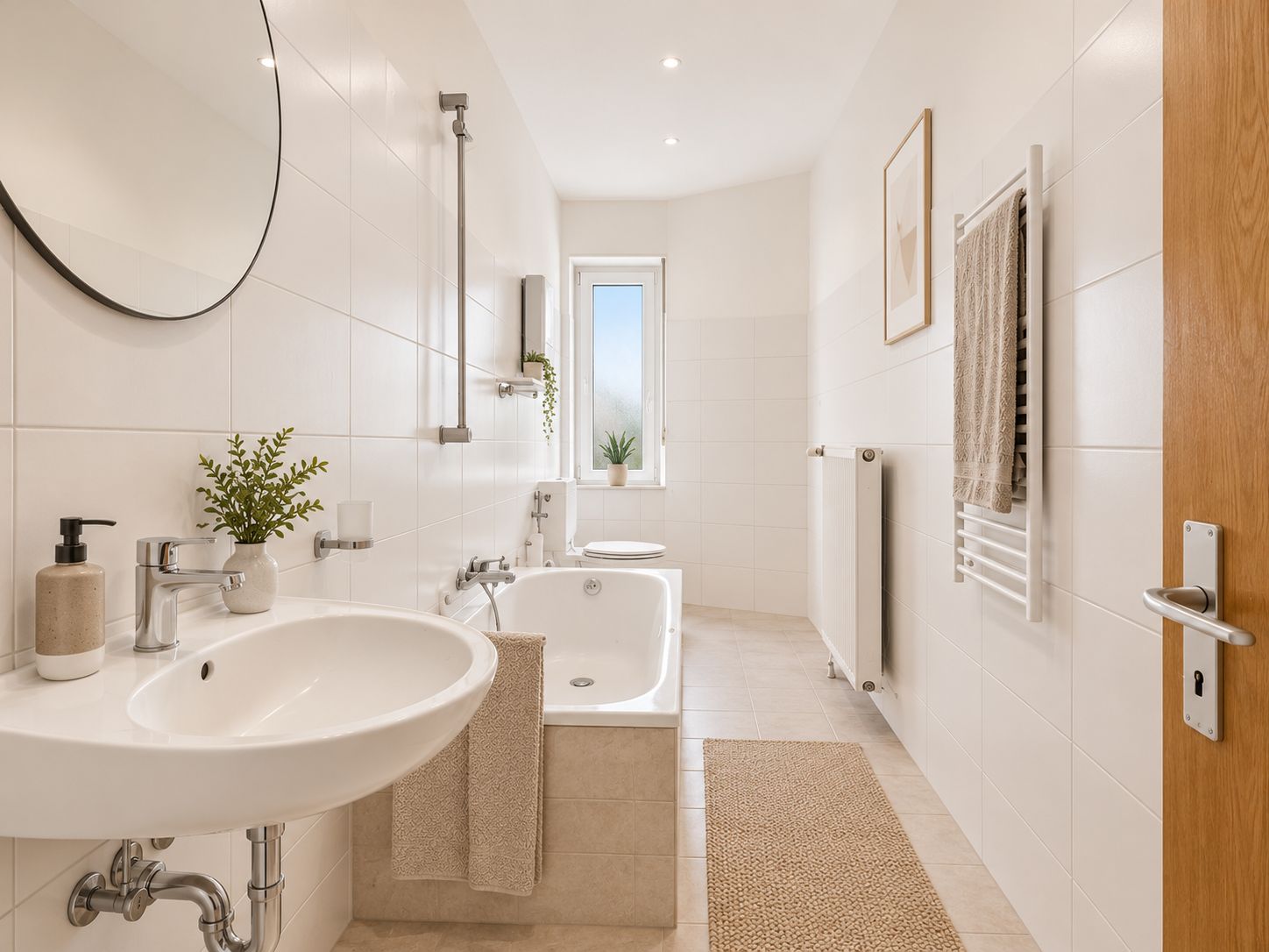 Helles Badezimmer mit Badewanne, Waschbecken, Spiegel und Fenster.