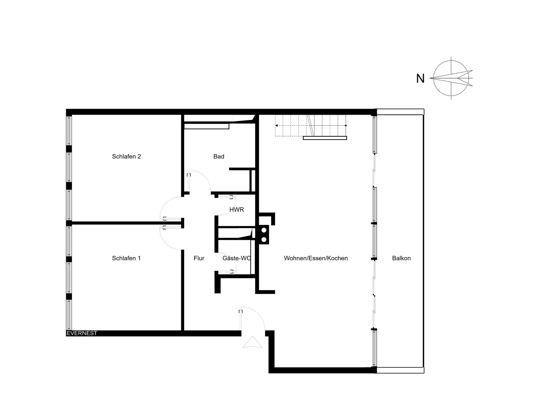 Grundriss einer Wohnung mit zwei Schlafzimmern, Bad, Gäste-WC, Flur, Wohnbereich und Balkon.