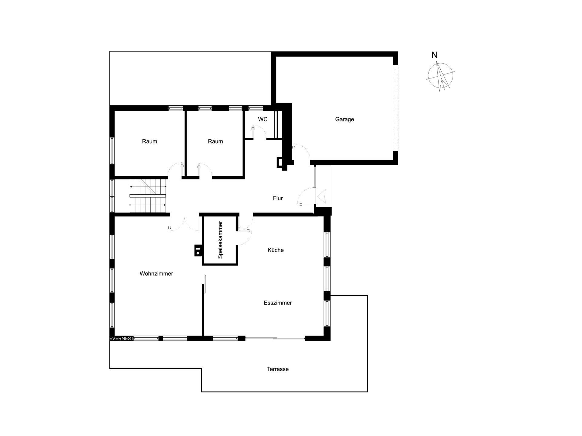 Grundriss eines Hauses mit Wohnzimmer, Küche, Esszimmer, zwei Räumen, Garage und Terrasse.