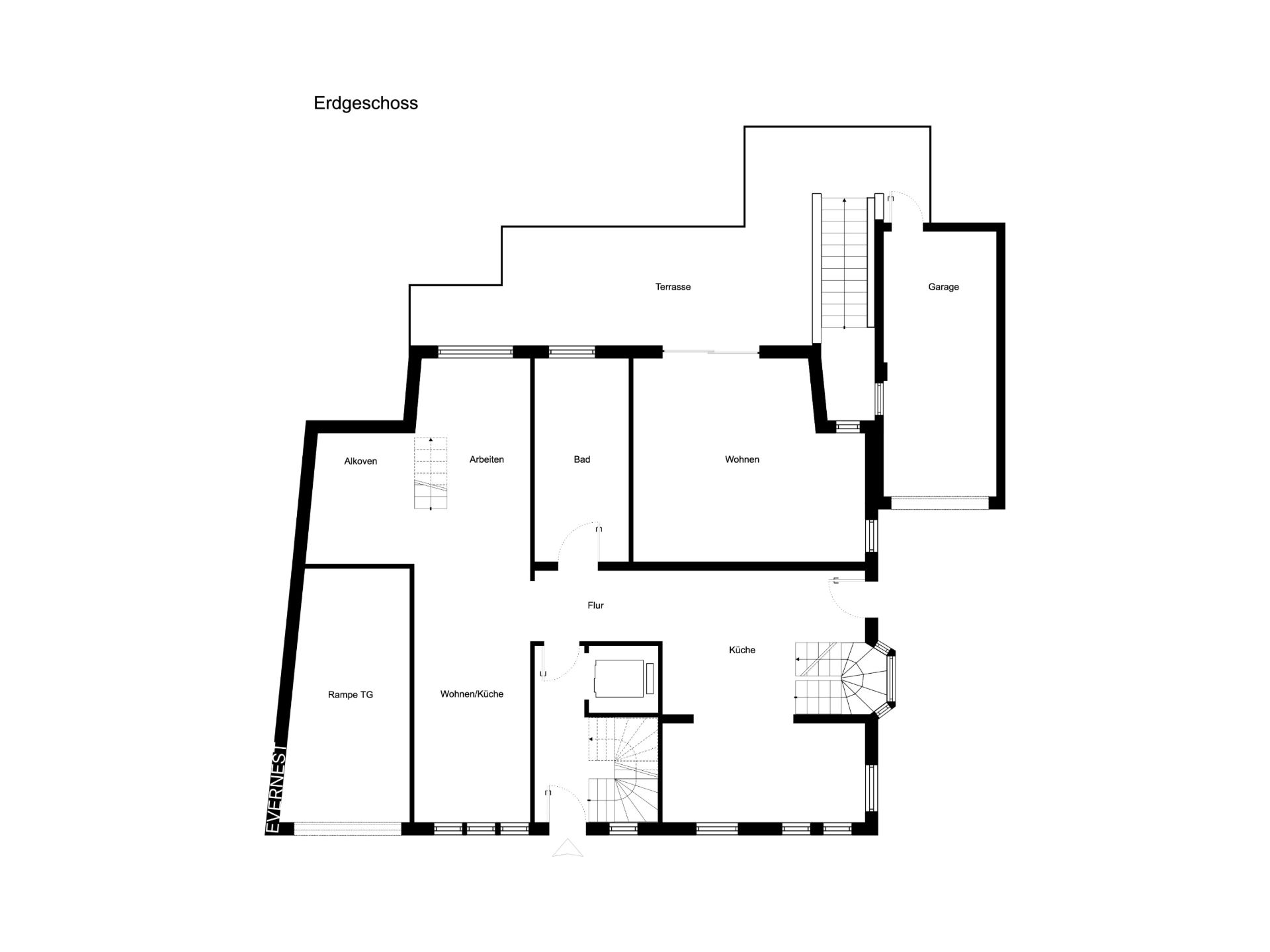 Grundriss des Erdgeschosses mit Garage, Terrasse, Küche, Bad, Wohnen und weiteren Räumen.