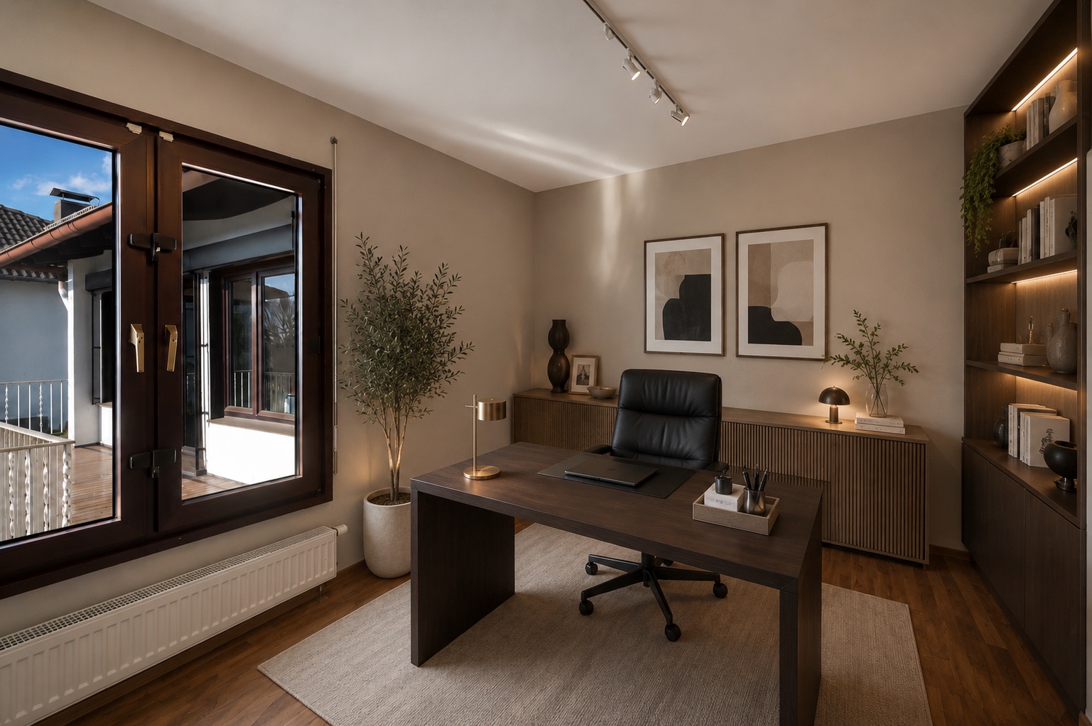 Modernes Homeoffice mit Holzschreibtisch, Regalwand und großem Fenster.