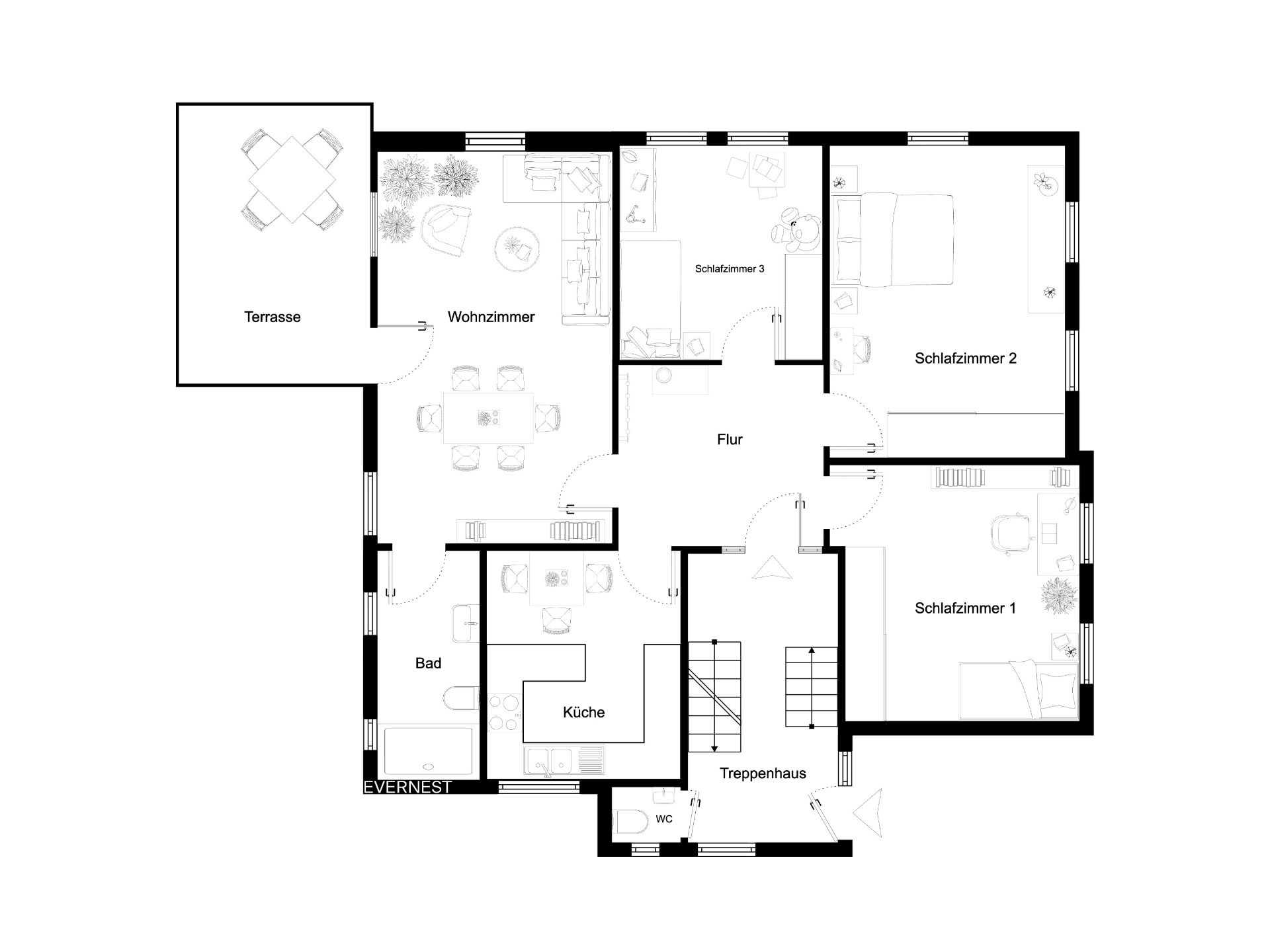 Grundriss einer Wohnung mit drei Schlafzimmern, Wohnzimmer, Küche, Bad, Flur, Terrasse und Treppenhaus.