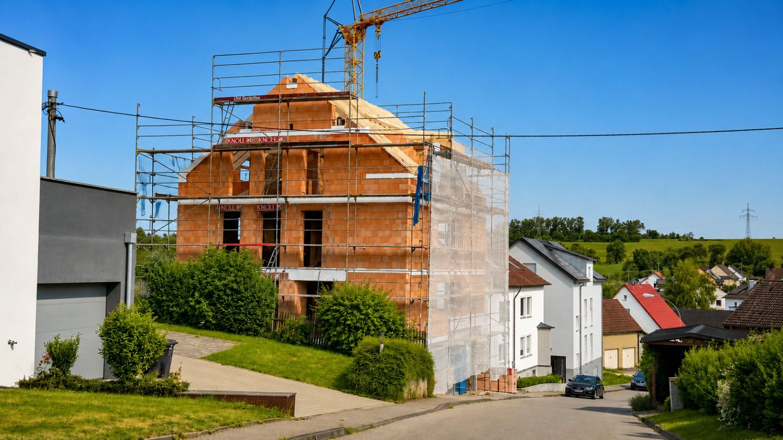 Haus im Bau mit Gerüst, steht an einer Wohnstraße und ist von anderen Häusern umgeben.