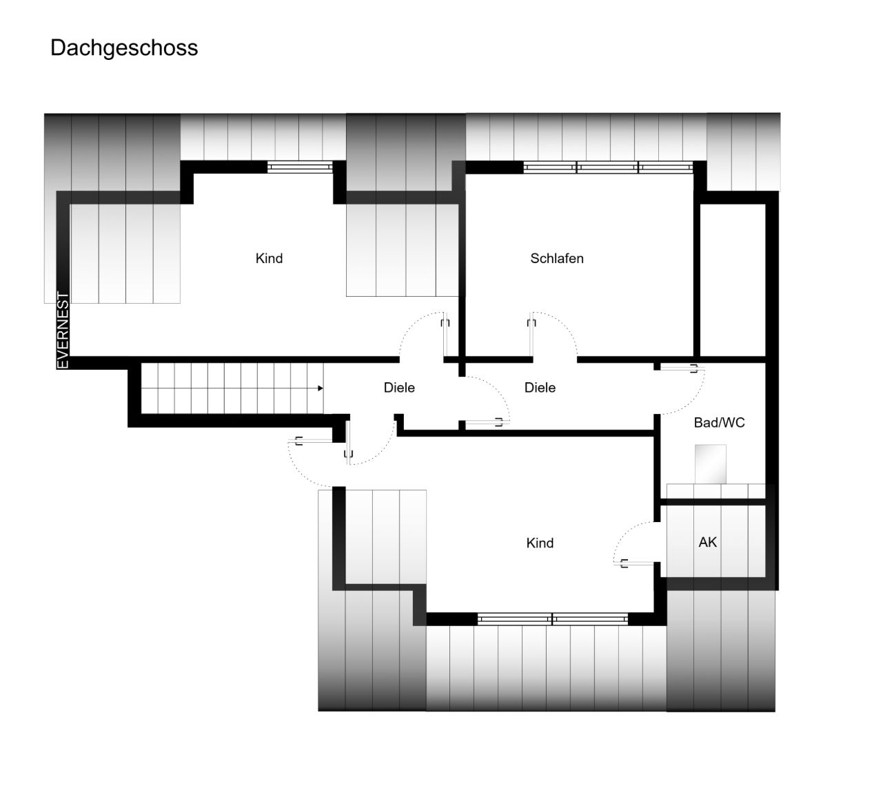Grundriss des Dachgeschosses mit zwei Kinderzimmern, Schlafzimmer, Bad/WC und Abstellkammer.