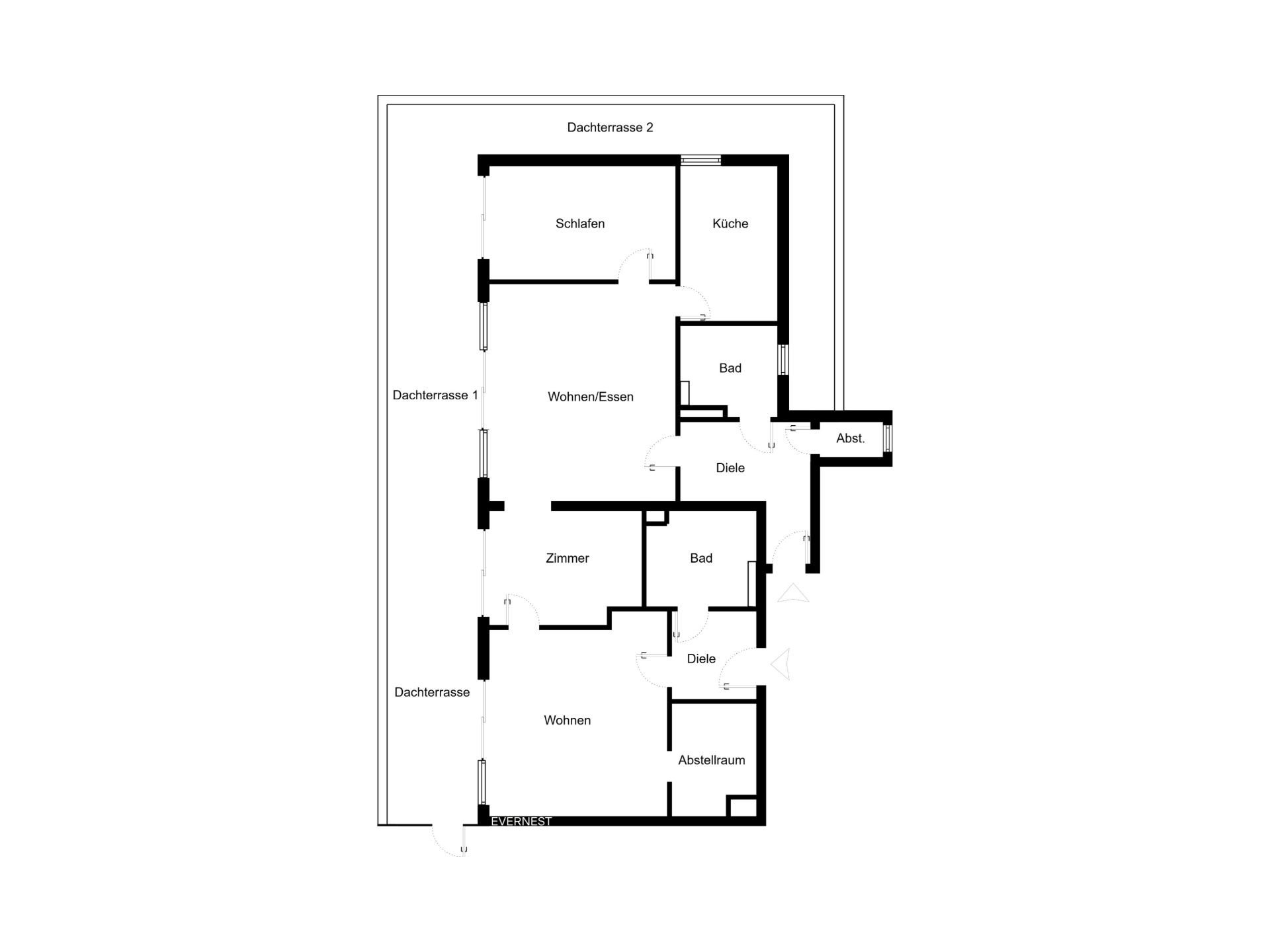 Grundriss einer Wohnung mit Schlafzimmer, Küche, Wohnzimmer, zwei Bädern und mehreren Terrassen.