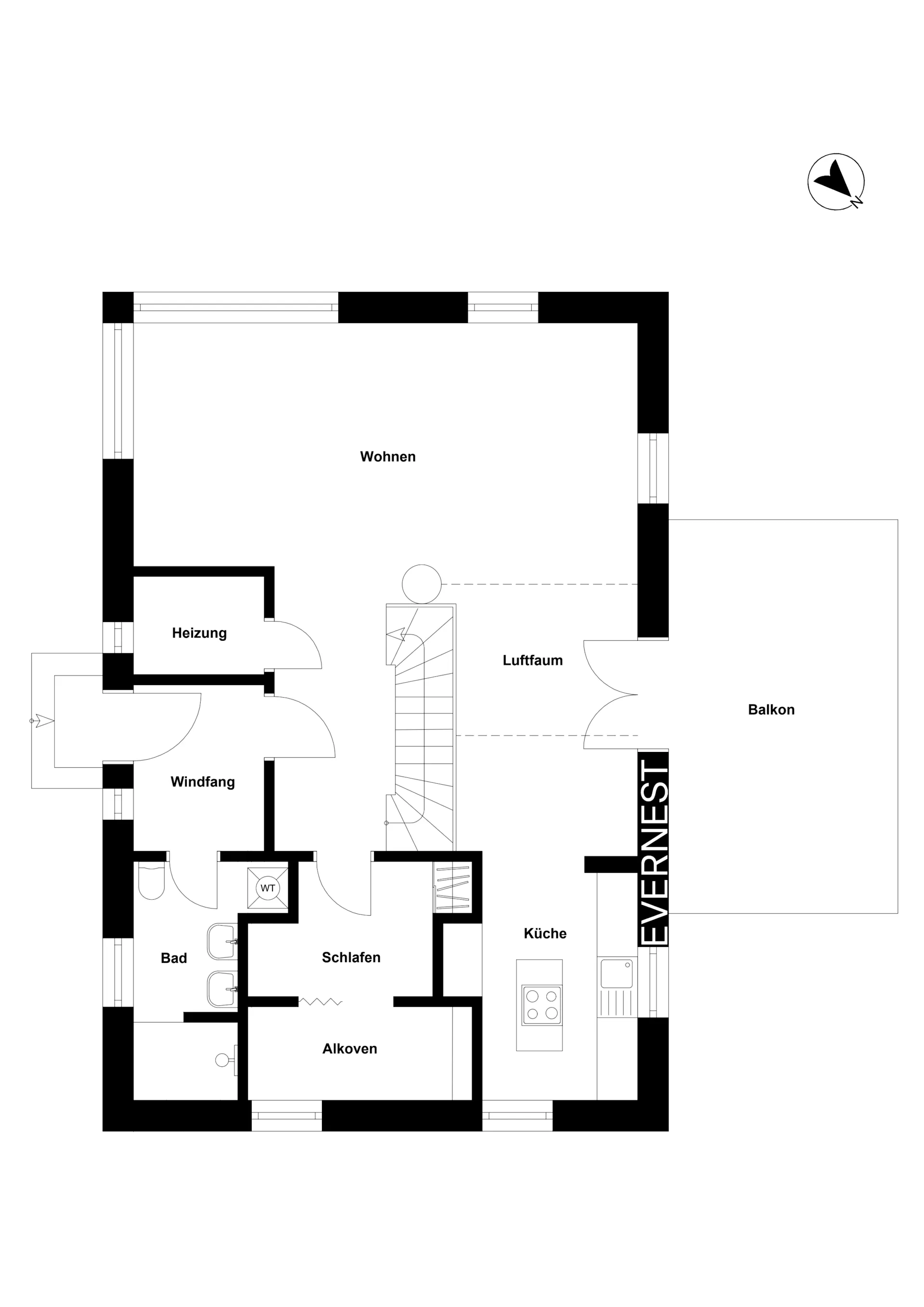 Grundriss einer Wohnung mit Wohnzimmer, Küche, Bad, Schlafzimmer, Balkon und Abstellräumen.