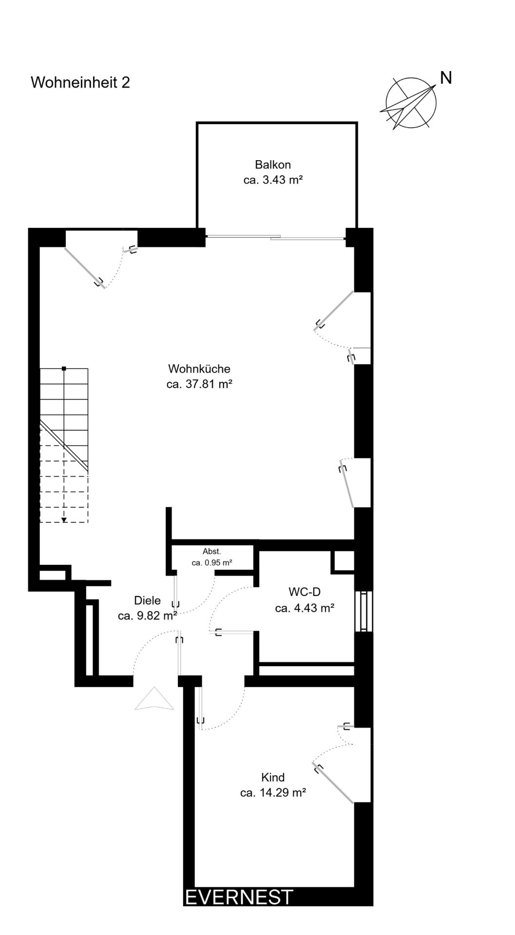 Grundriss einer Wohnung mit Wohnküche, Balkon, Diele, WC und Kinderzimmer.