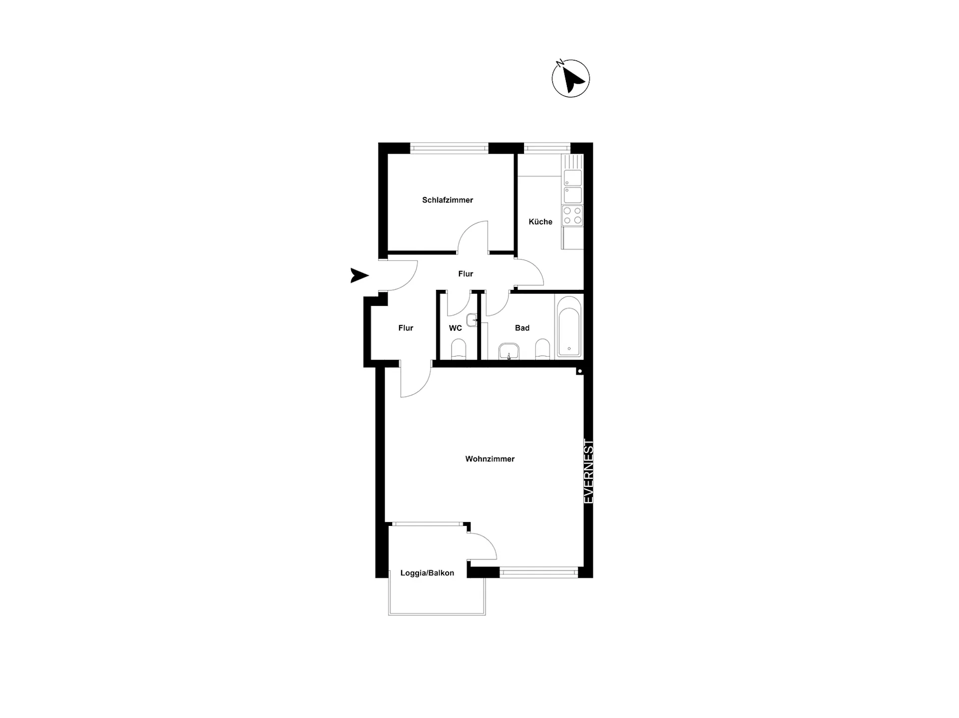 Grundriss einer Wohnung mit Schlafzimmer, Wohnzimmer, Küche, Bad, WC, Flur und Balkon.