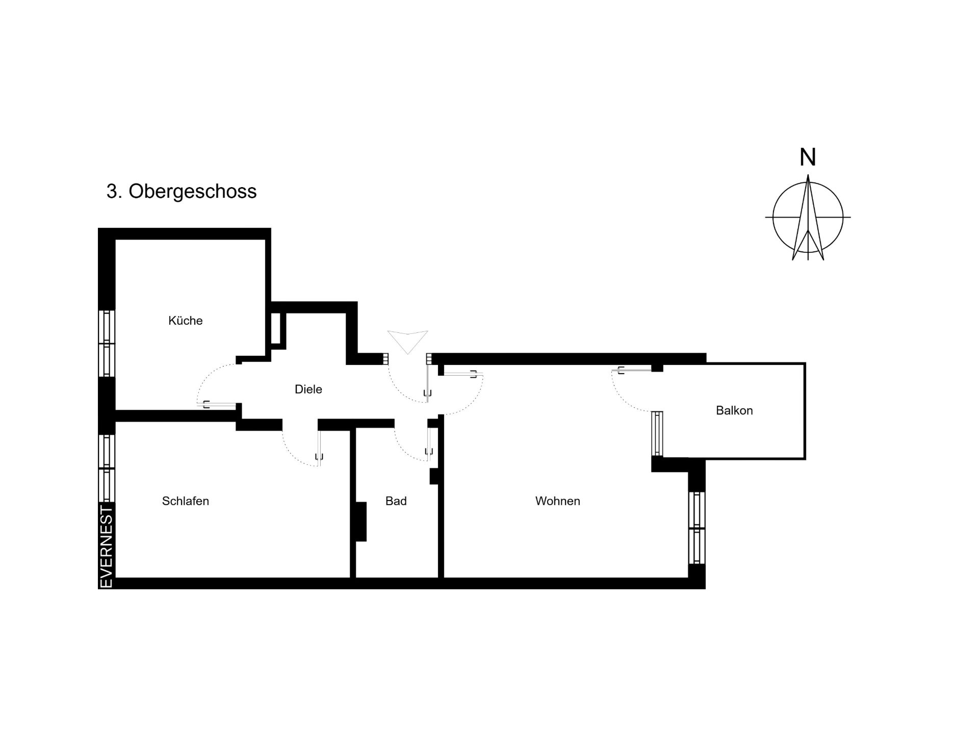 Grundriss einer Wohnung mit Küche, Schlafzimmer, Bad, Diele, Wohnzimmer und Balkon.