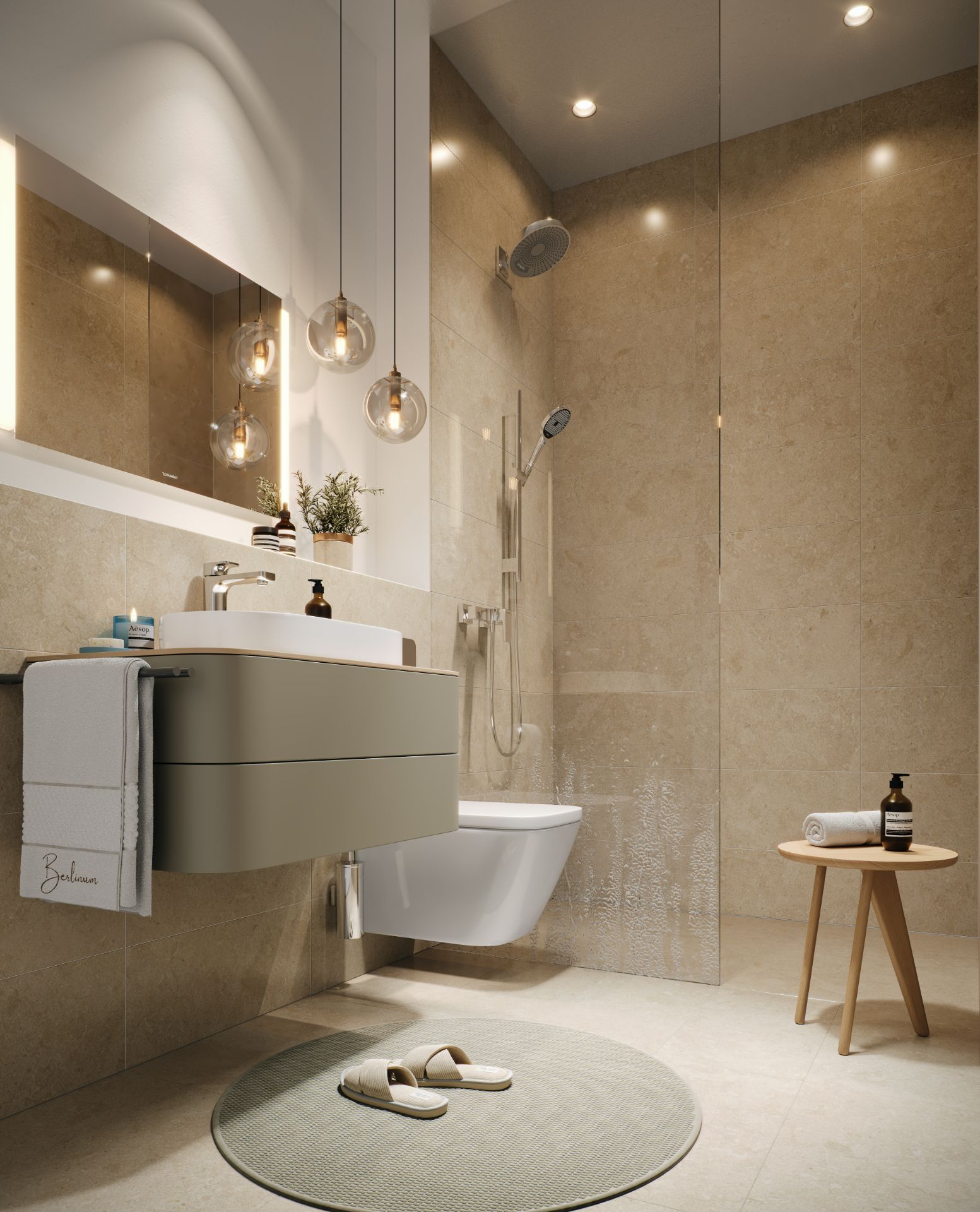 Modernes Badezimmer mit Waschbecken, Hängeschrank, Dusche, WC und rundem Teppich.