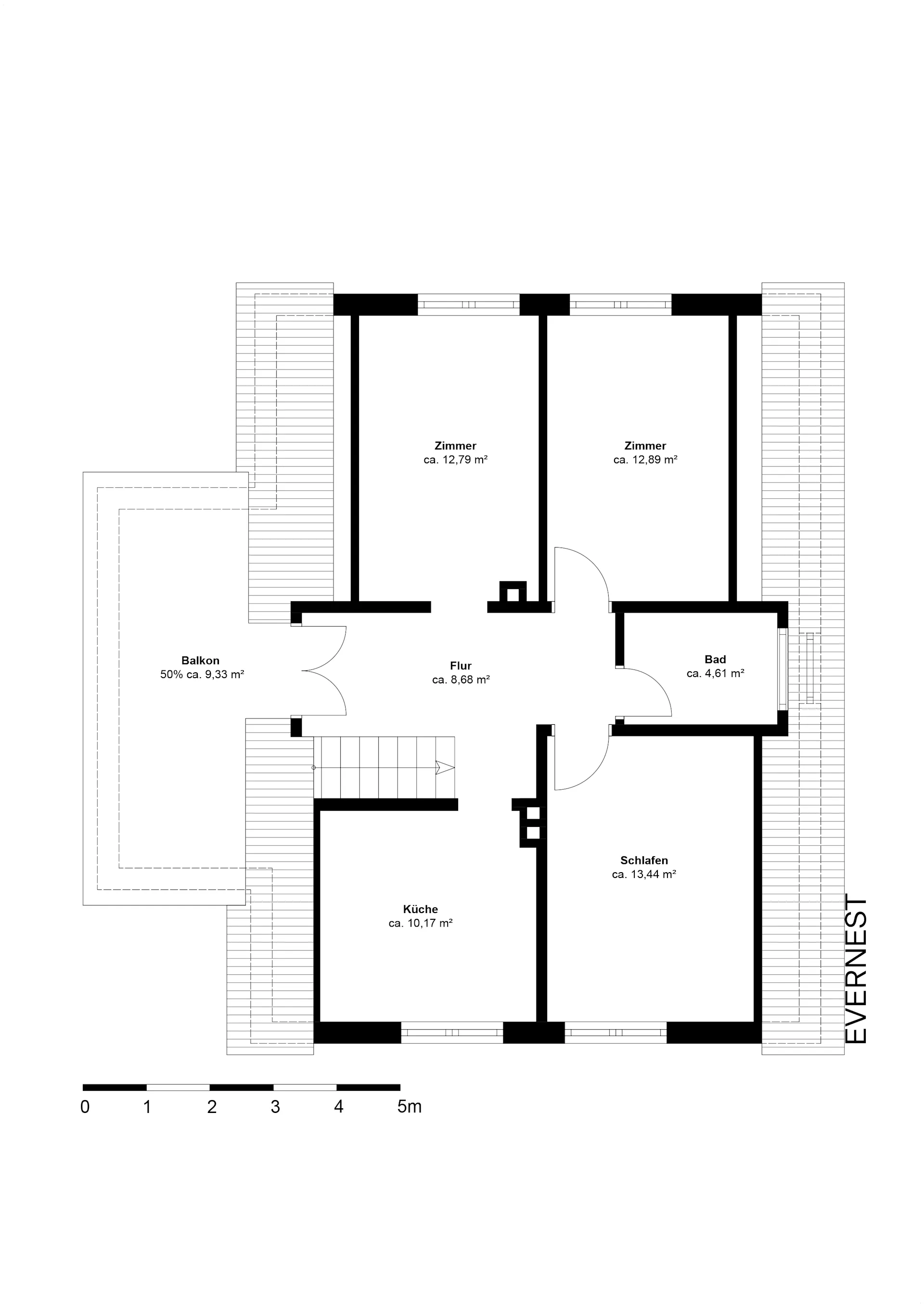 Grundriss einer Wohnung mit zwei Zimmern, Schlafzimmer, Küche, Bad, Flur und Balkon.