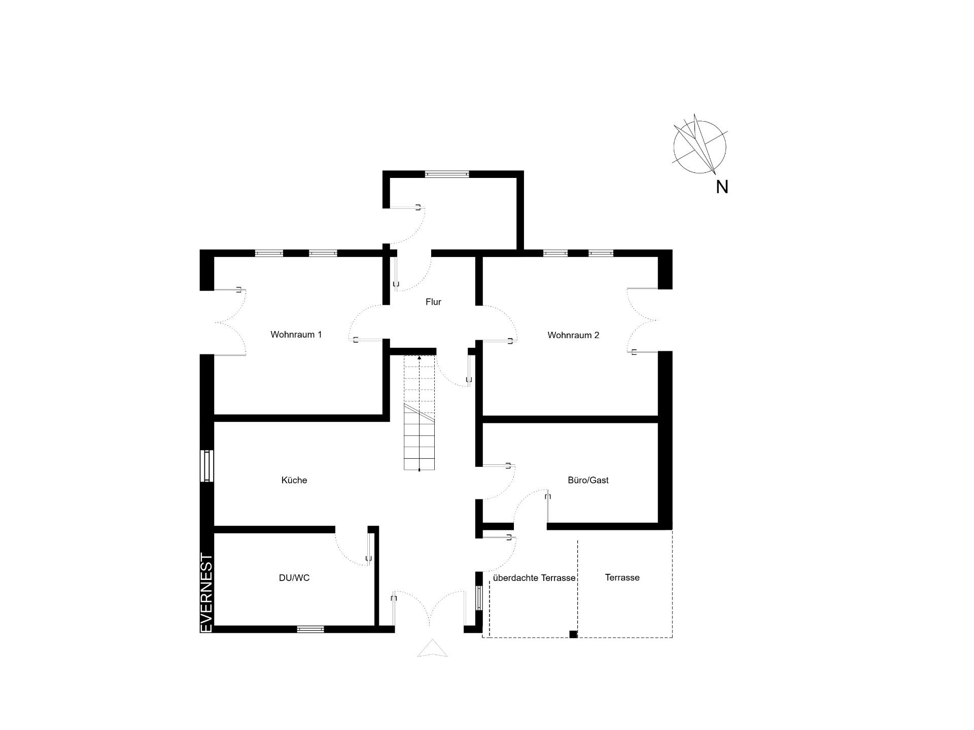 Grundriss mit Wohnräumen, Küche, Bad, Büro, Flur und Terrasse.