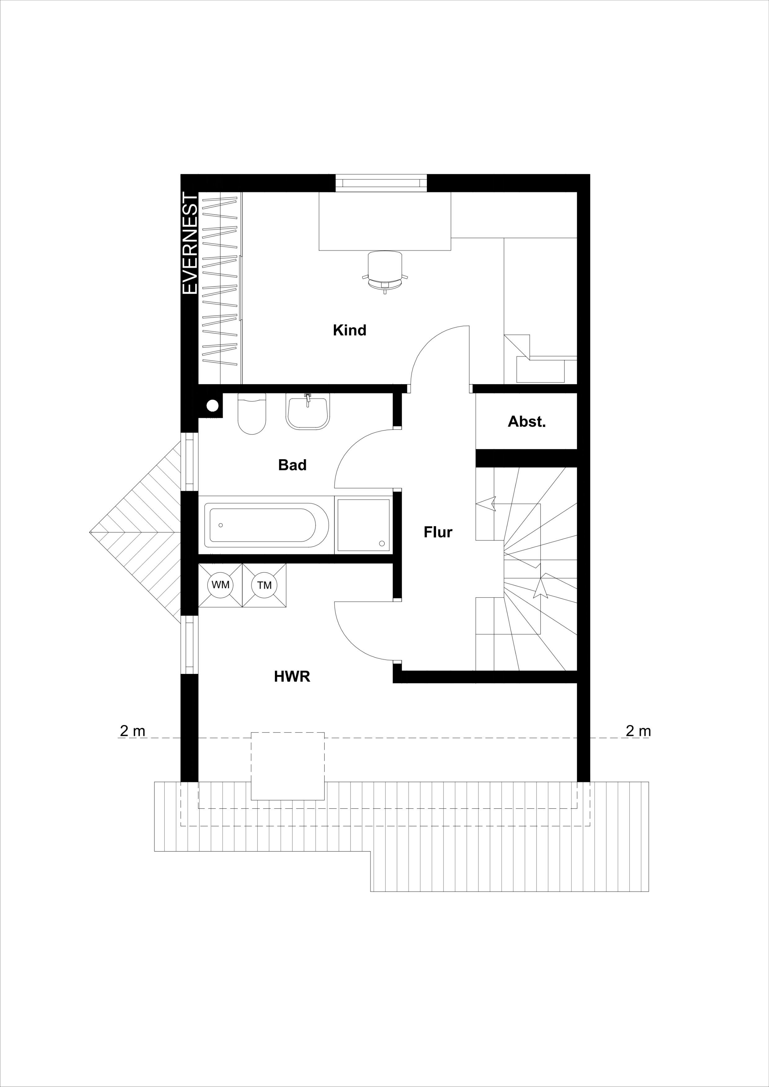 Grundriss mit Kinderzimmer, Bad, Hauswirtschaftsraum, Abstellraum und Flur.