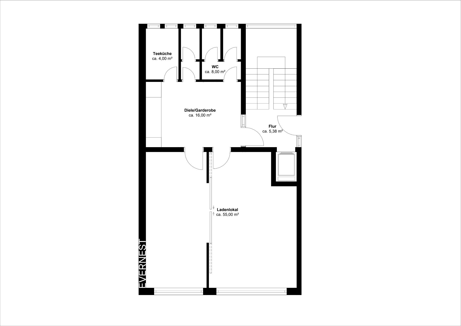 Grundriss mit Teeküche, WC, Diele/Garderobe, Flur und Ladenlokal.