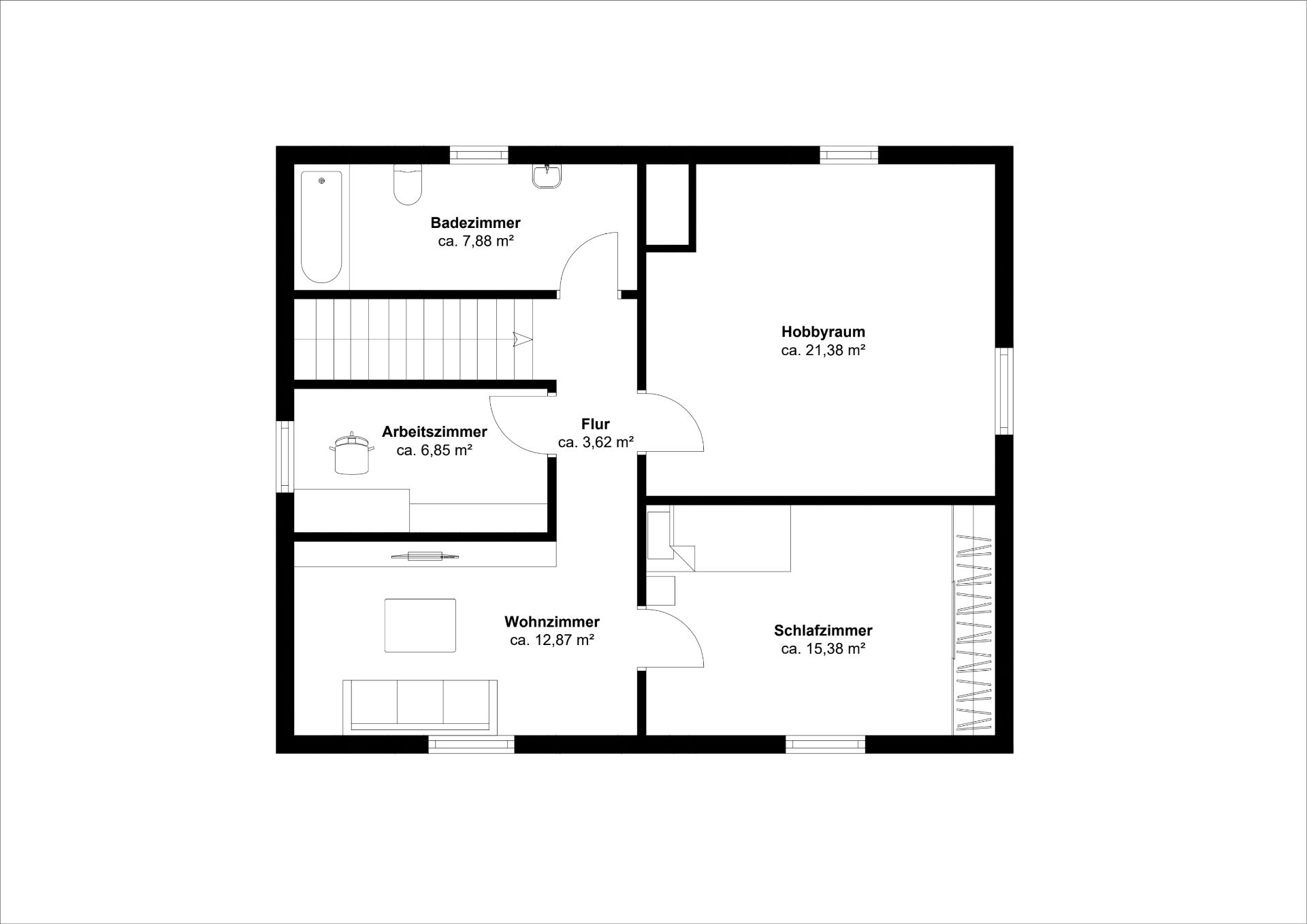 Grundriss mit Wohnzimmer, Schlafzimmer, Badezimmer, Arbeitszimmer, Flur und Hobbyraum.