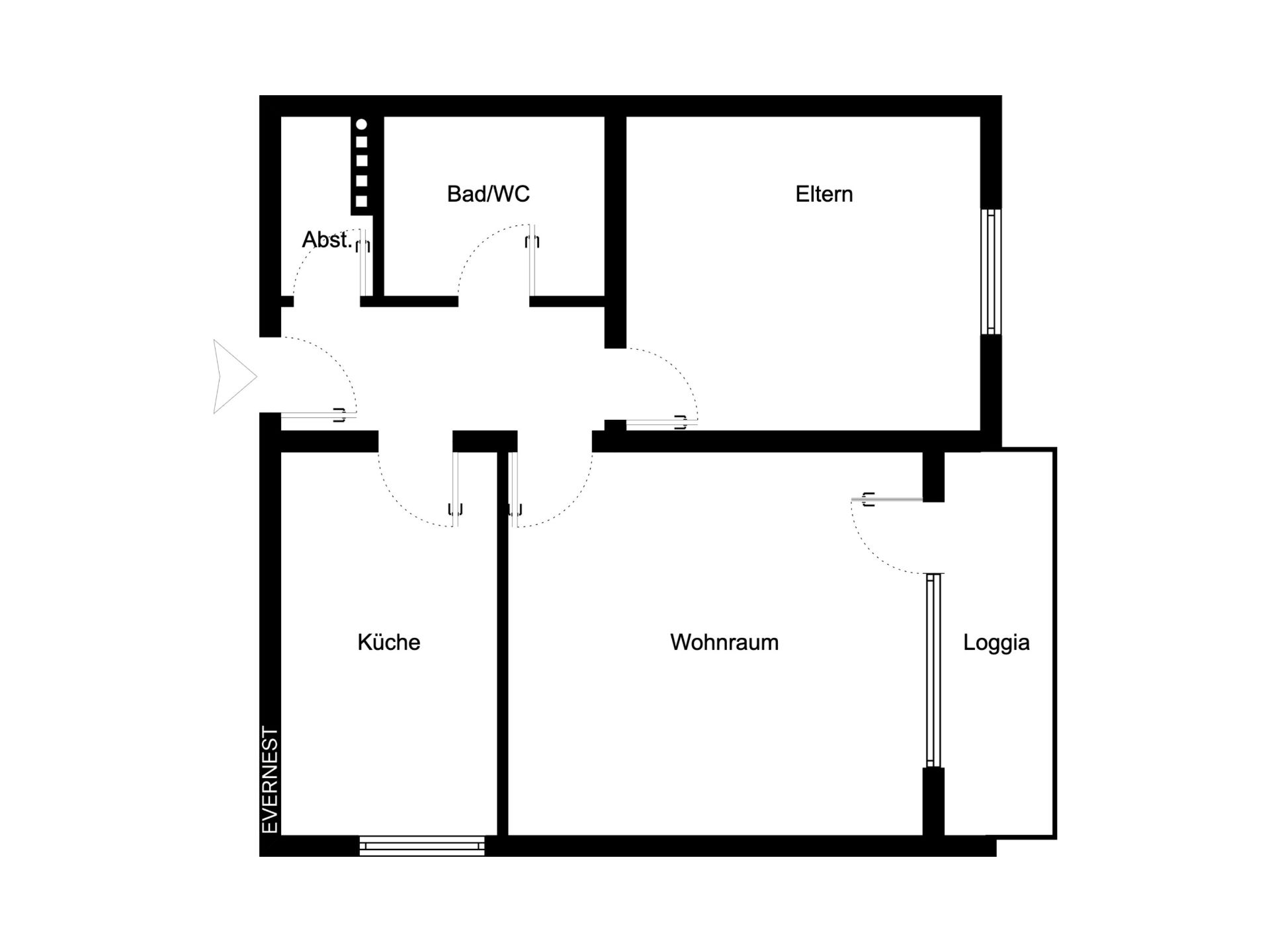Grundriss einer Wohnung mit Küche, Wohnraum, Bad/WC, Elternzimmer, Abstellraum und Loggia.