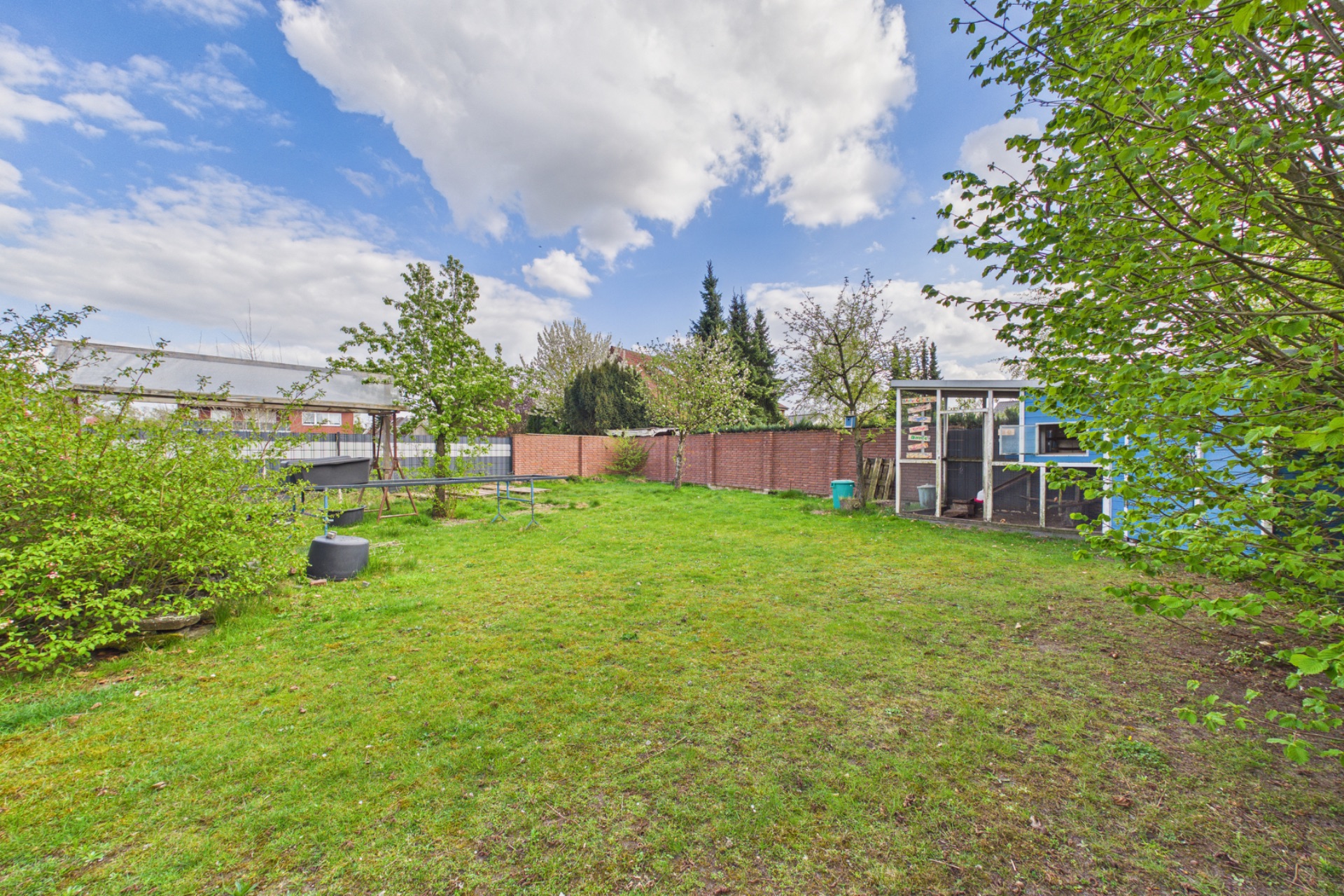 Großer Garten mit Rasen, Bäumen, Sträuchern und einem kleinen Schuppen rechts hinten.