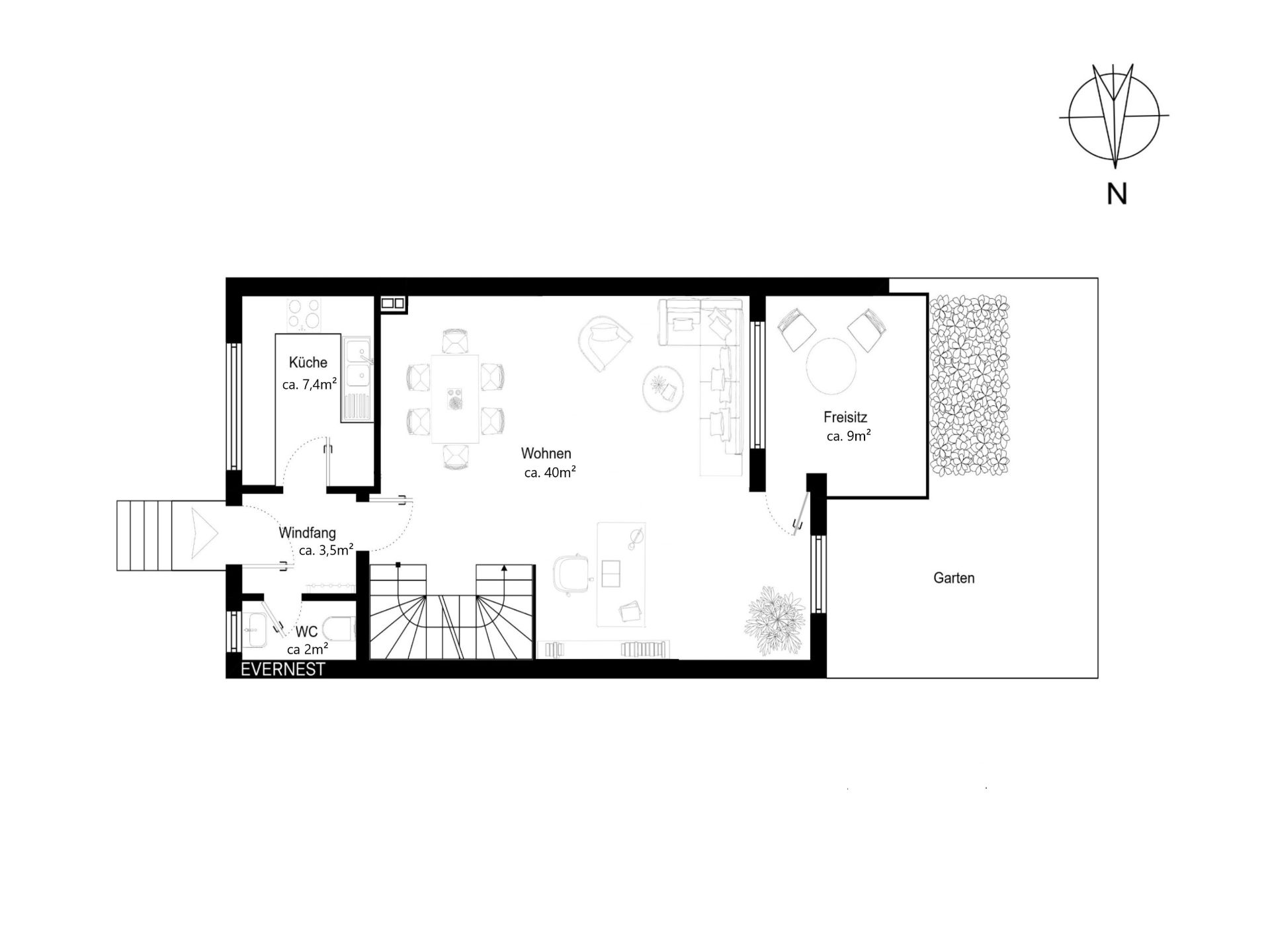 Grundriss einer Wohnung mit Küche, Wohnzimmer, WC und Zugang zu Garten und Freisitz.
