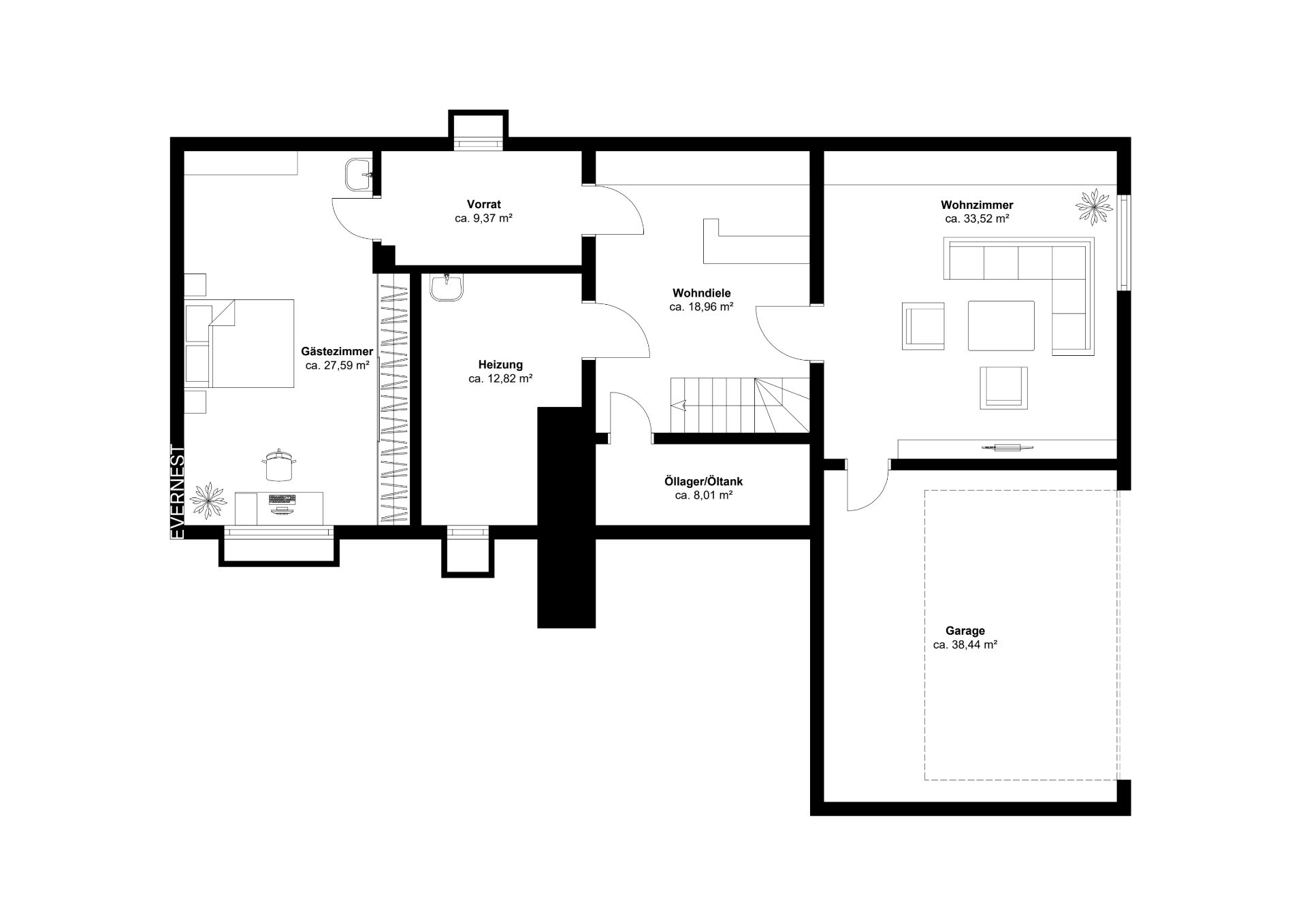Grundriss mit Wohnzimmer, Schlafzimmer, Vorrat, Heizung, Flur, Öltankraum und Garage.