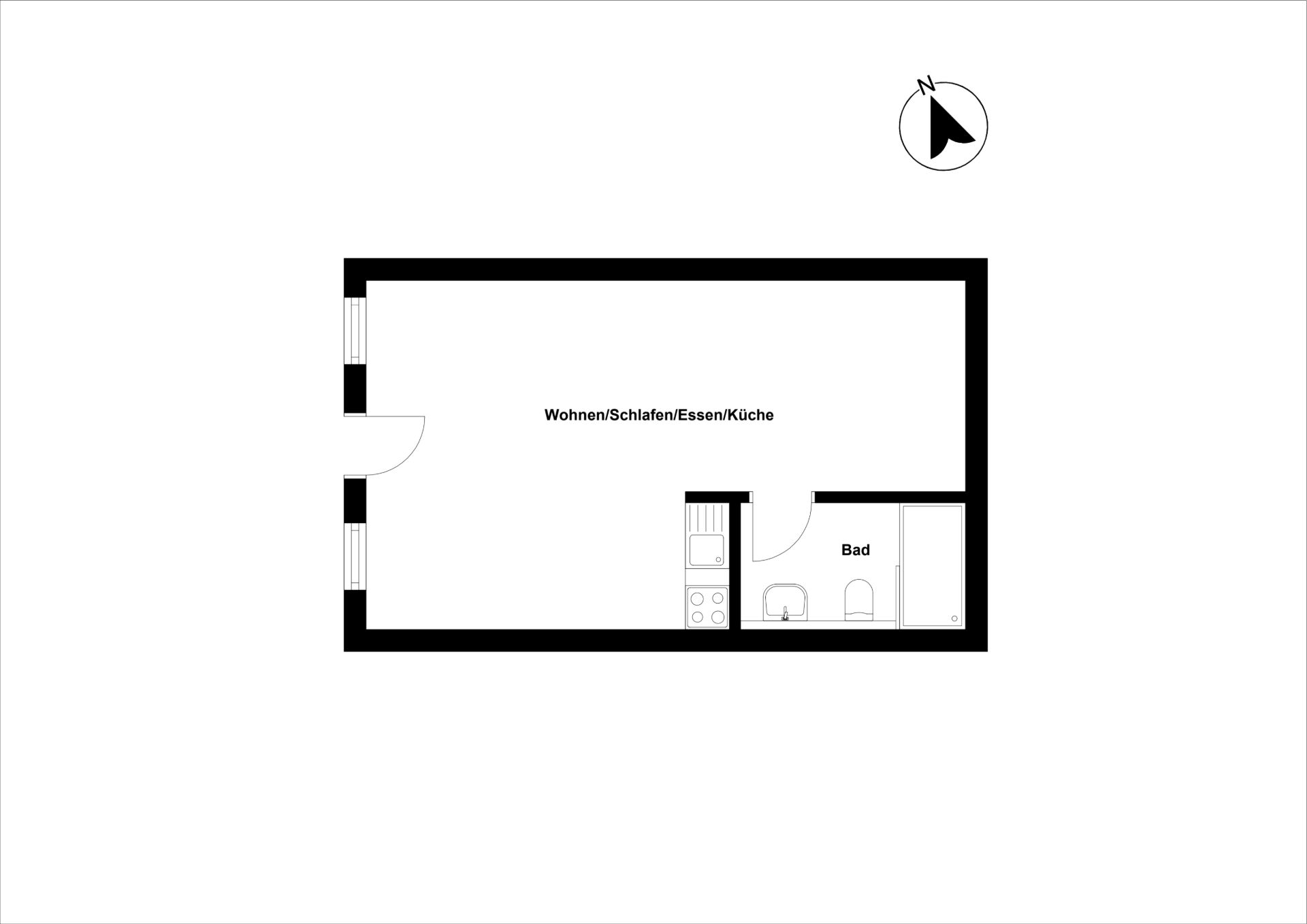 Grundriss eines Einzimmerapartments mit Bad und Wohn-/Schlafbereich sowie Küche.