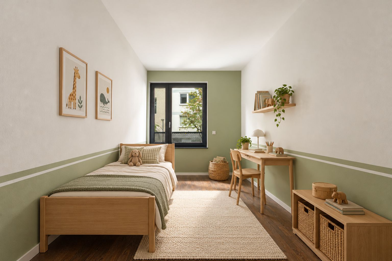 Helles Kinderzimmer mit Einzelbett, Schreibtisch, Regal und großem Fenster.
