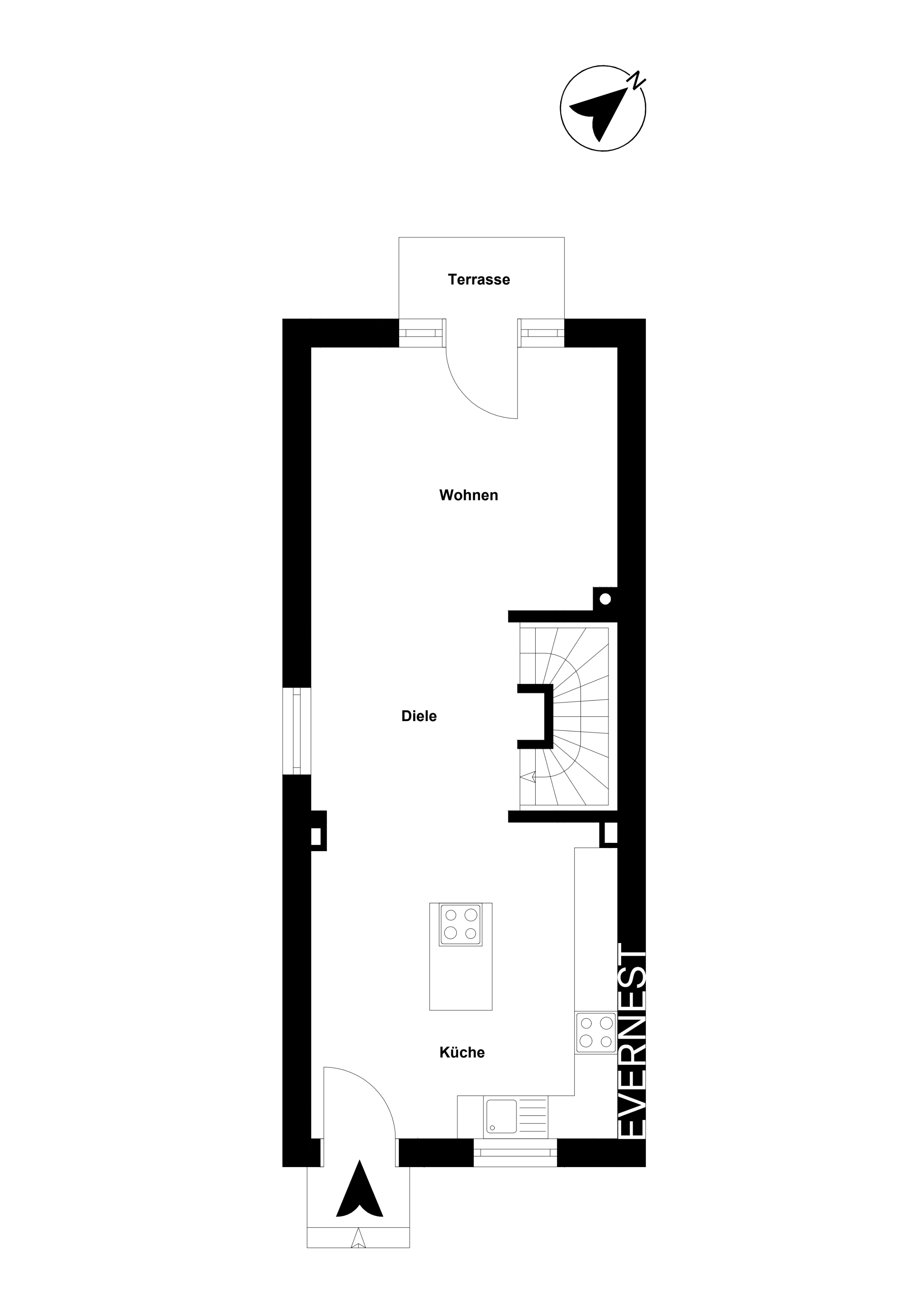 Grundriss eines Erdgeschosses mit Küche, Diele, Wohnen und Terrasse.