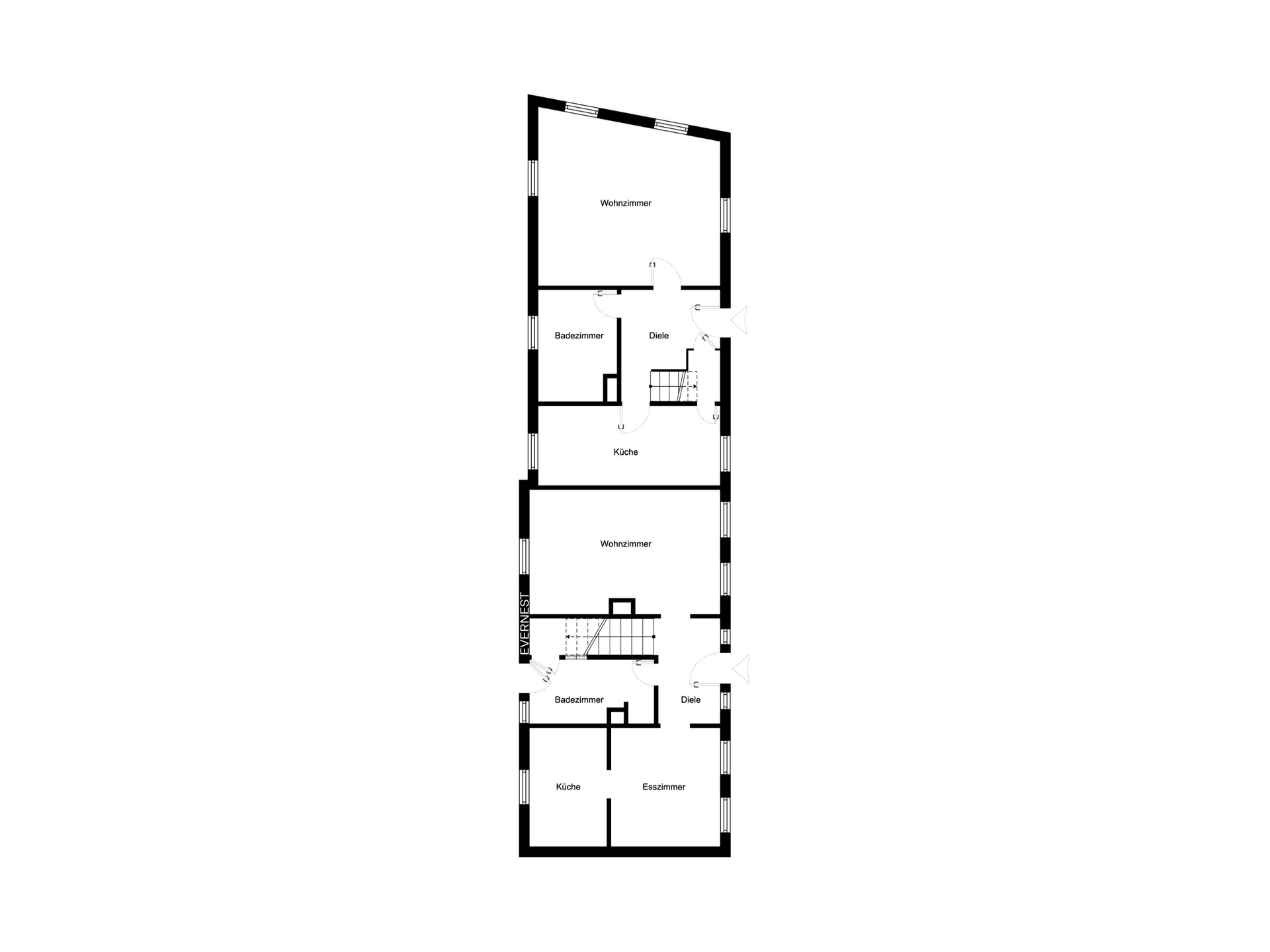 Schwarz-weißer Grundriss eines Wohnhauses mit Wohnzimmern, Küchen, Bädern und Fluren.