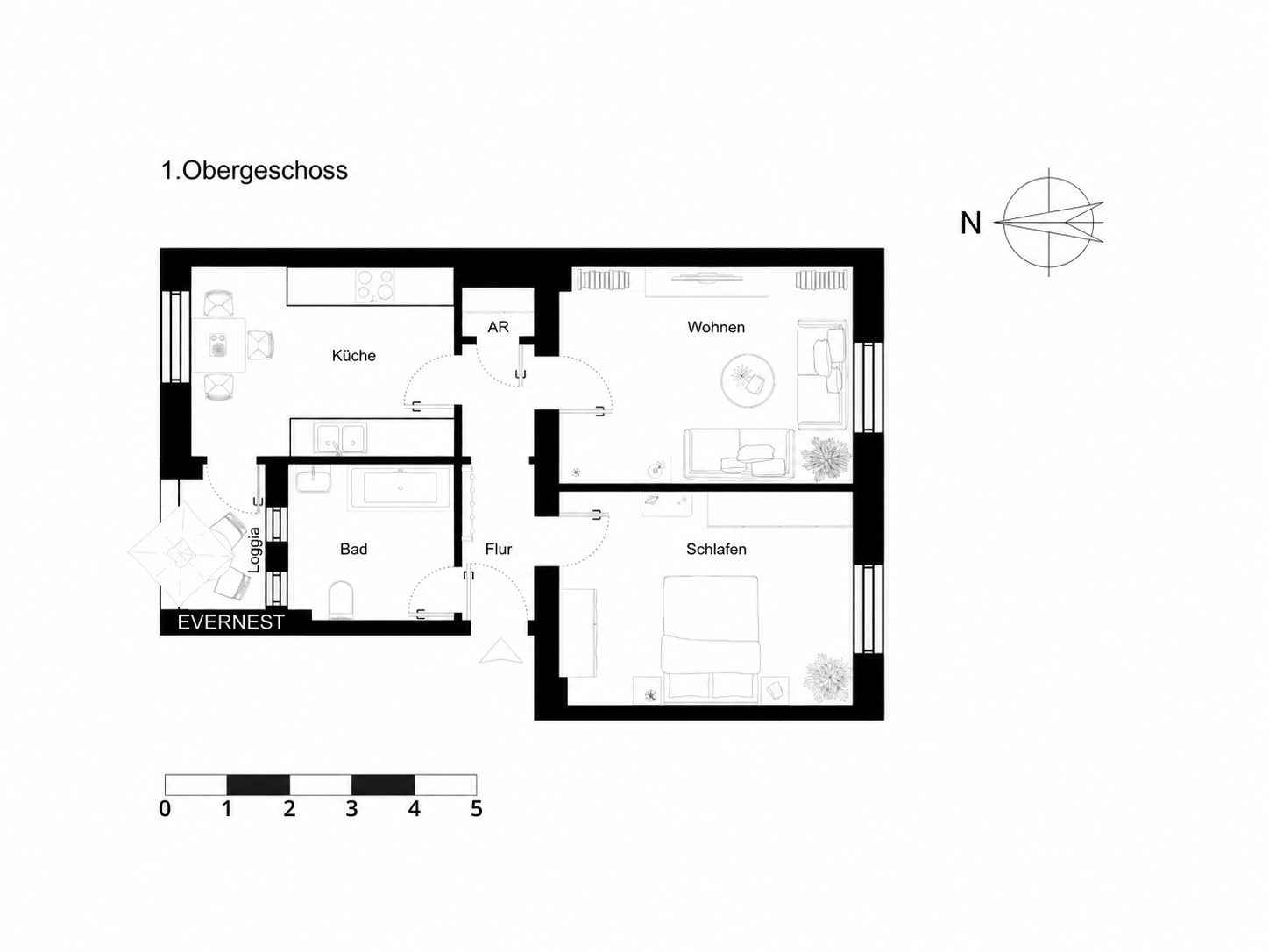 Grundriss einer Wohnung mit Küche, Bad, Wohnzimmer, Schlafzimmer und Flur im 1. Obergeschoss.