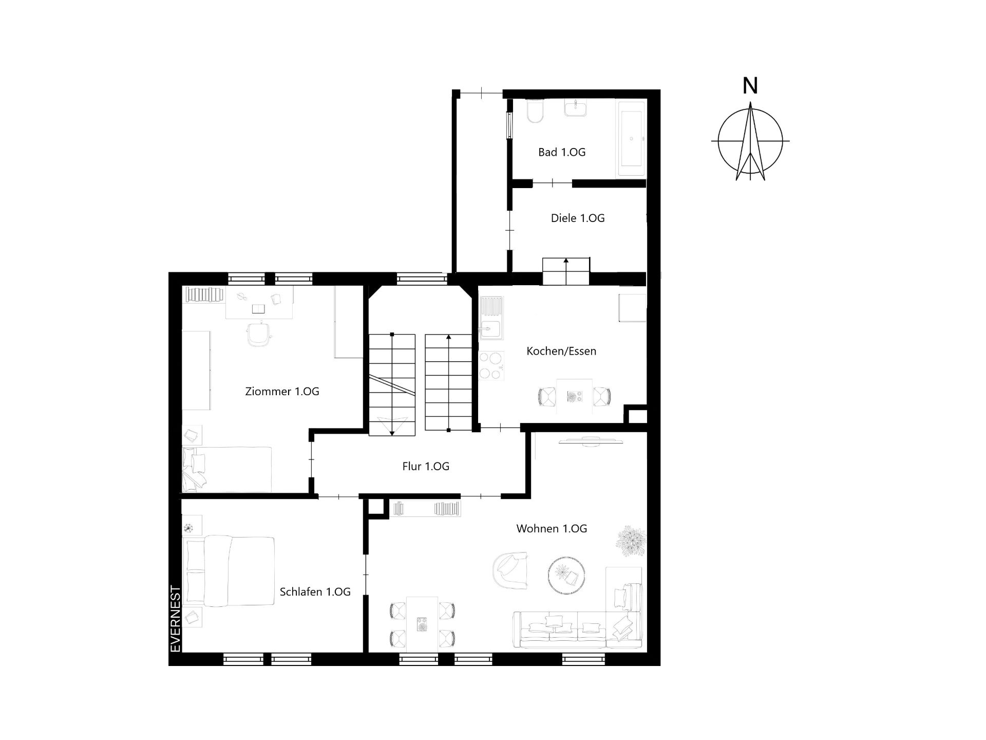Grundriss einer Wohnung mit Zimmer, Schlafen, Bad, Diele, Kochen/Essen und Wohnen.